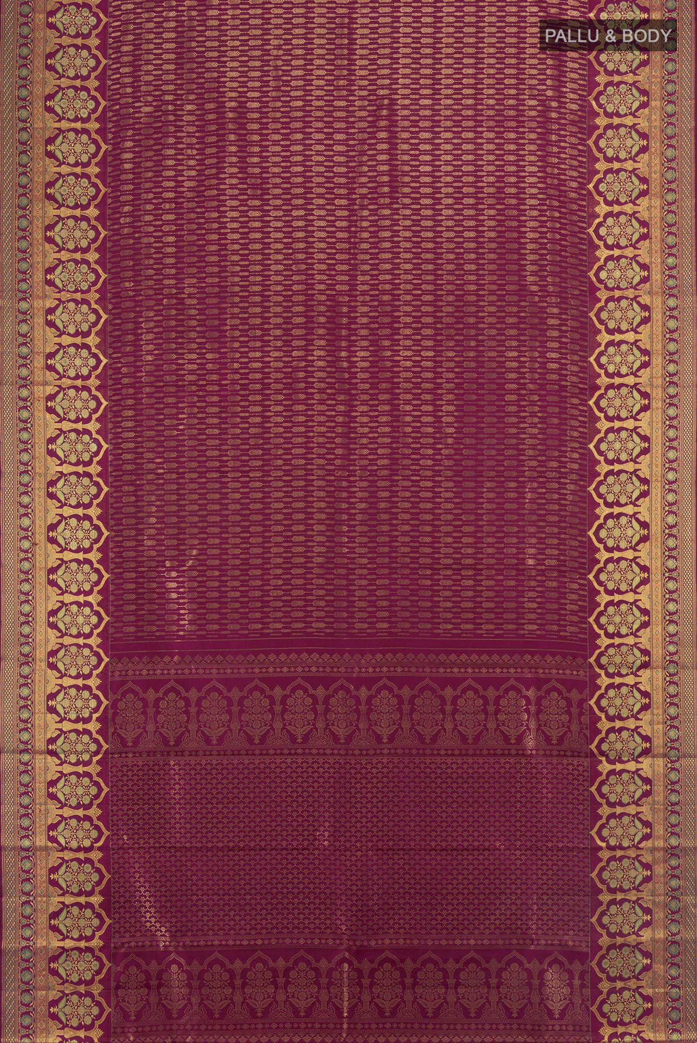 Flat view of Pure Silk Magenta Kanjivaram Saree with Zari Brocade on the body and Zari Border. 