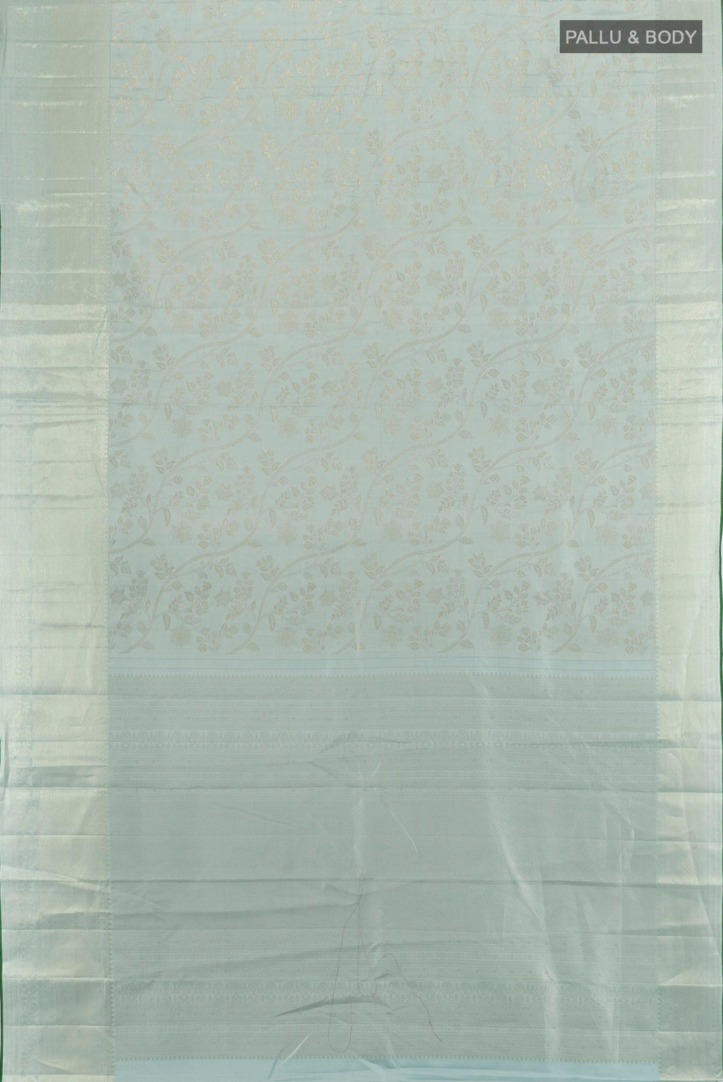Flat view of Pure Silk Light Blue Kanjivaram Saree with Zari Brocade on the body and Zari Border. 