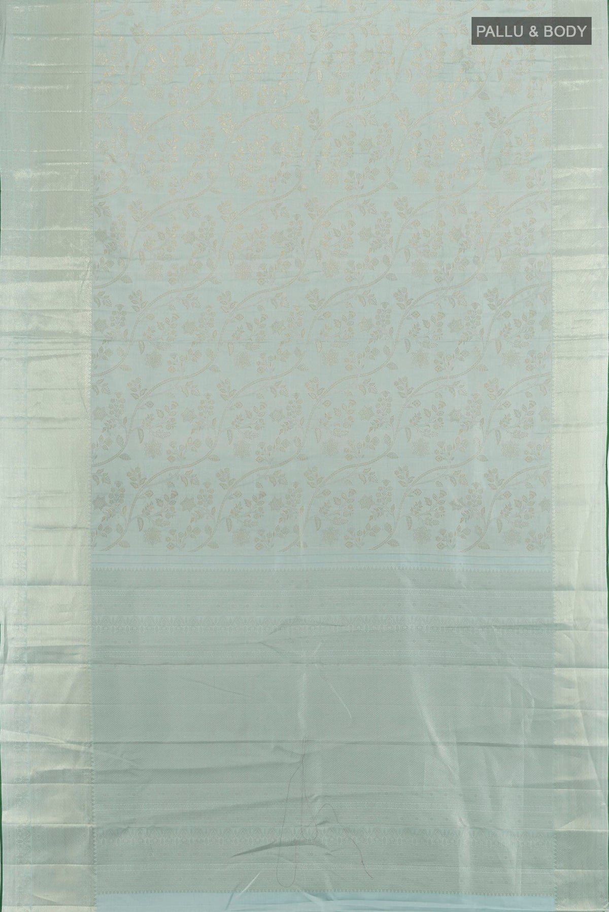 Flat view of Pure Silk Light Blue Kanjivaram Saree with Zari Brocade on the body and Zari Border. 