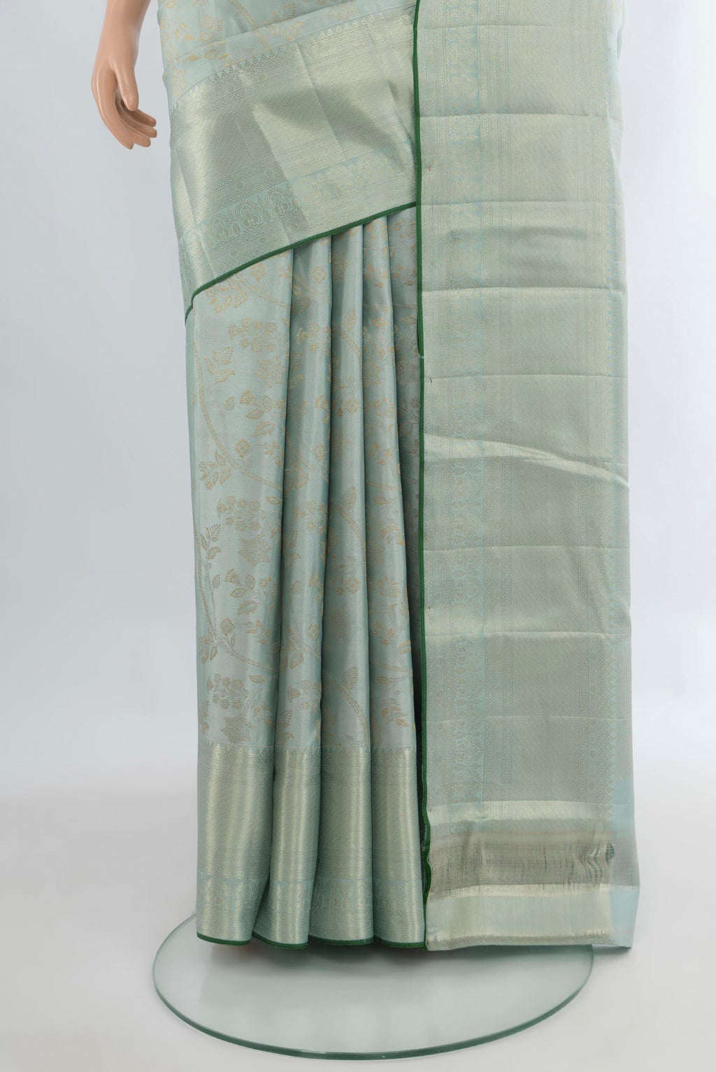 Pleats and pallu of Pure Silk Light Blue Kanjivaram Saree with Zari Brocade on the body and Zari Border. 