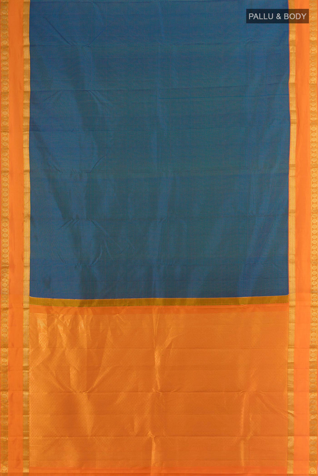 Flat view of Pure Silk Blue Kanjivaram Saree with Checked design on the body and Zari Border. 