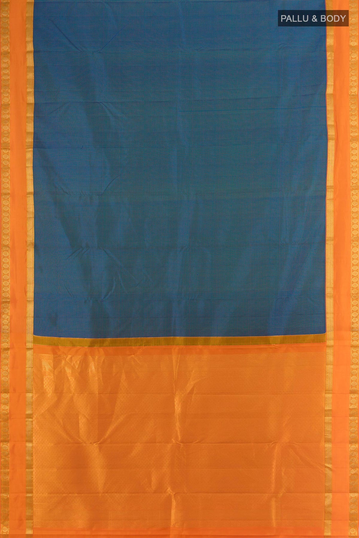 Flat view of Pure Silk Blue Kanjivaram Saree with Checked design on the body and Zari Border. 
