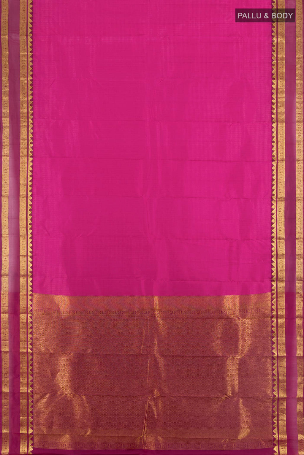 Flat view of Pink Kanchipuram Silk Saree with Checked design on the body and Zari Border. 