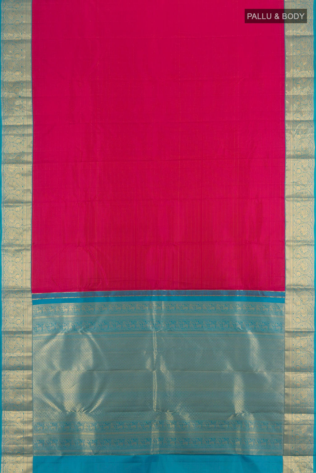 Flat view of Pink Kanchipuram Silk Saree with Stripes on the body and Zari Border. 