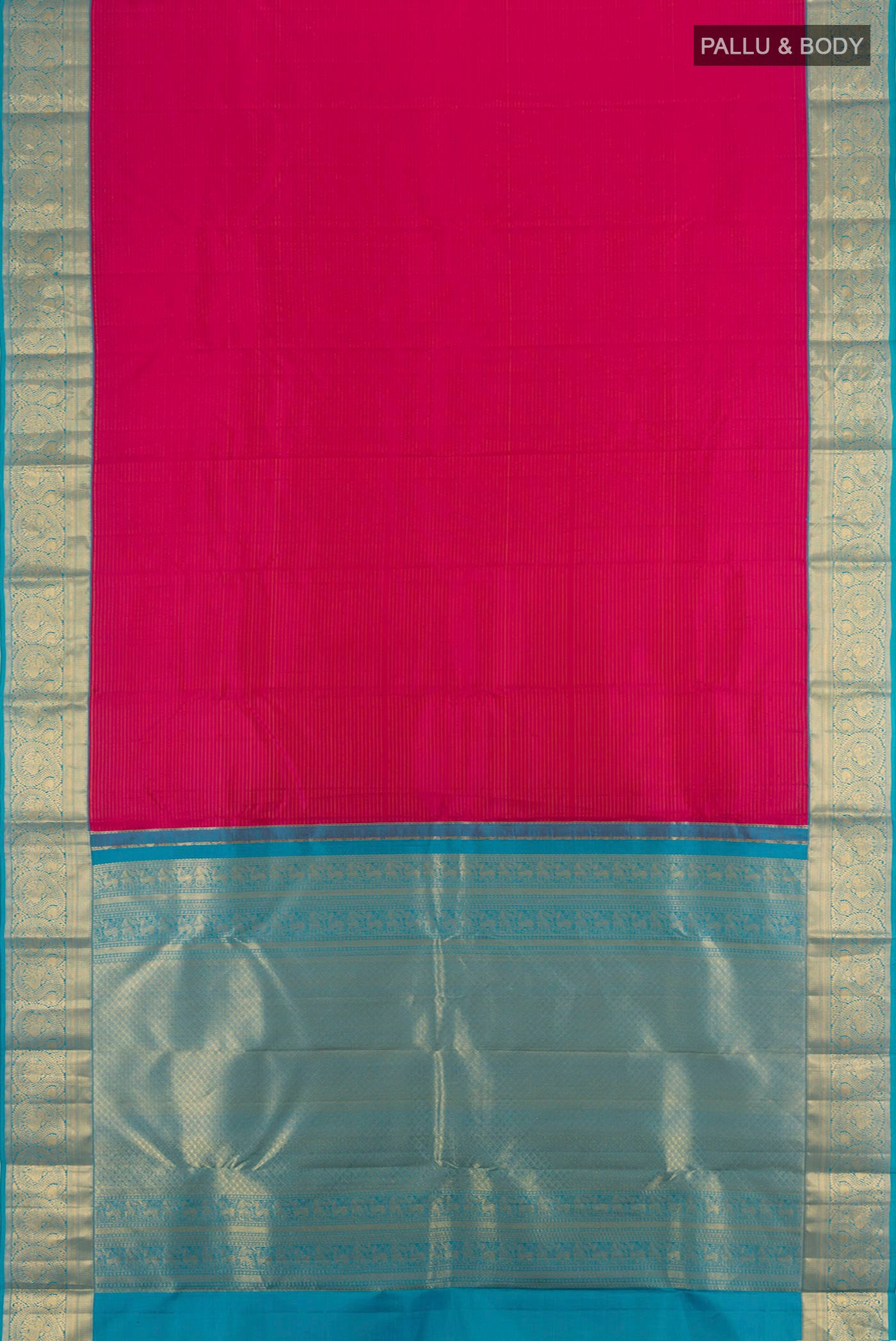 Flat view of Pink Kanchipuram Silk Saree with Stripes on the body and Zari Border. 