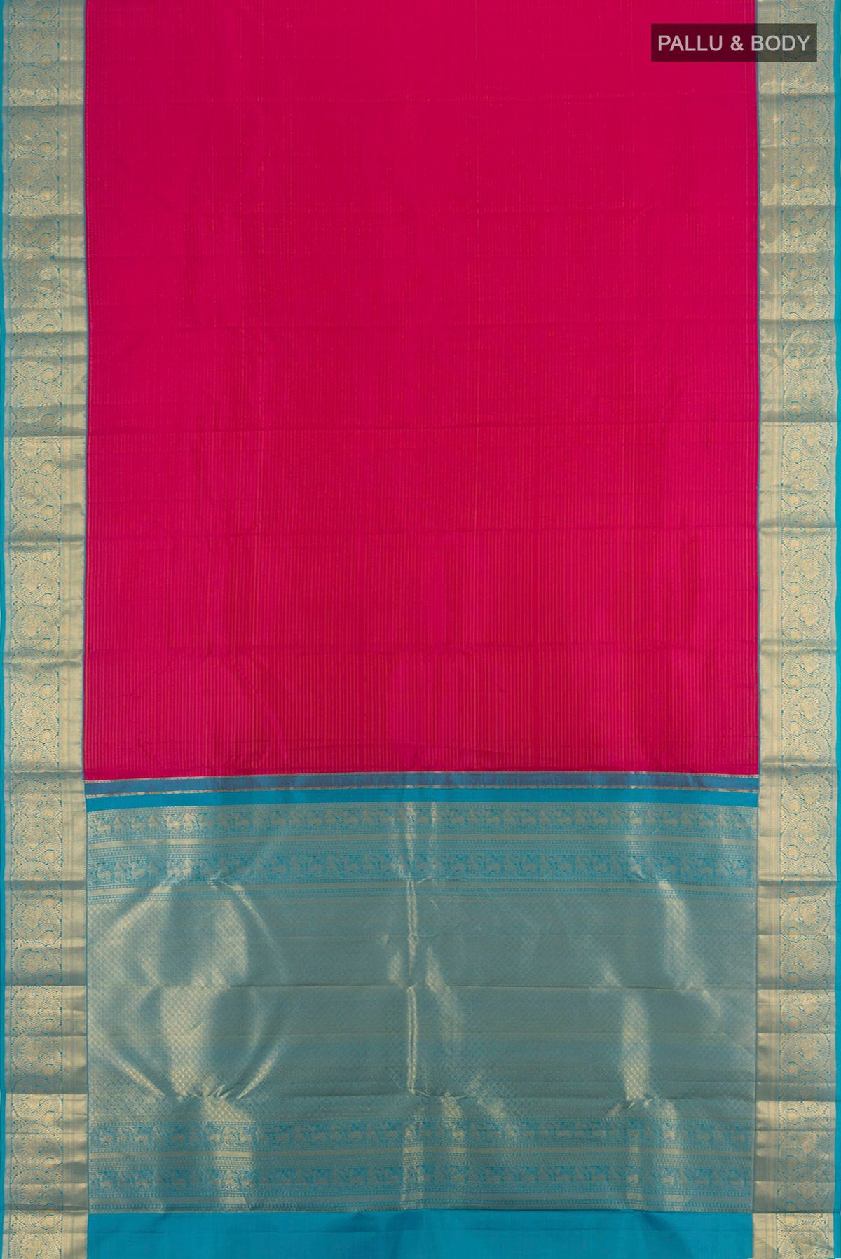 Flat view of Pink Kanchipuram Silk Saree with Stripes on the body and Zari Border. 