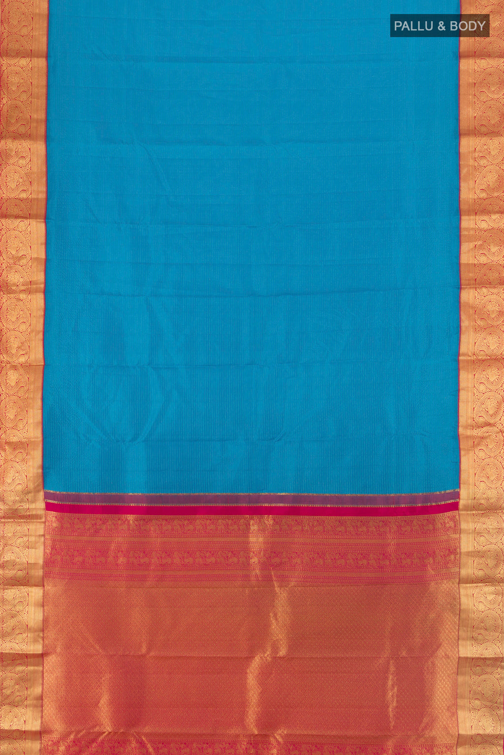 Flat view of Blue Kanchipuram Silk Saree with Plain Body and Zari Border. 