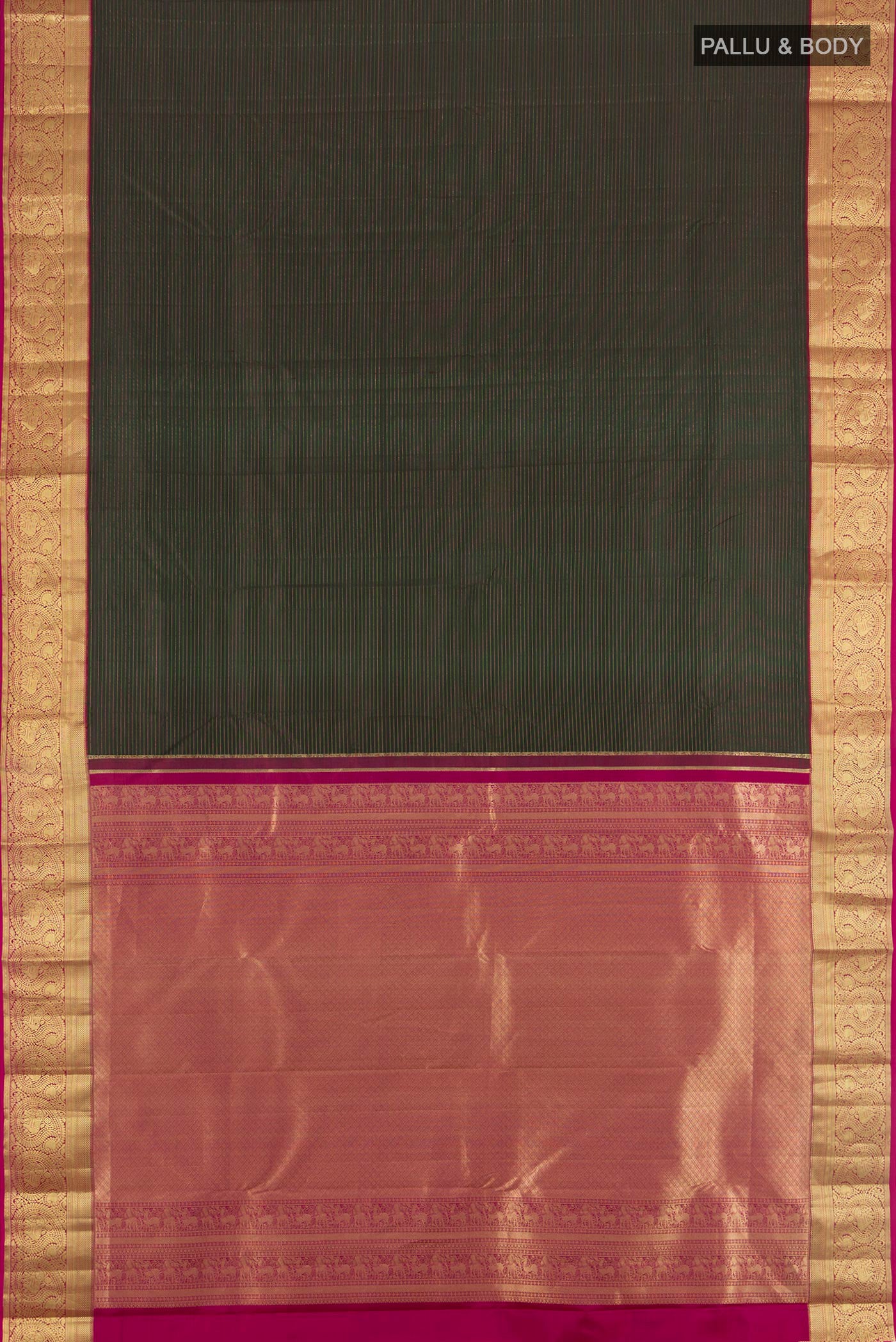 Flat view of Bottle Green Kanchipuram Silk Saree with Stripes on the body and Zari Border. 