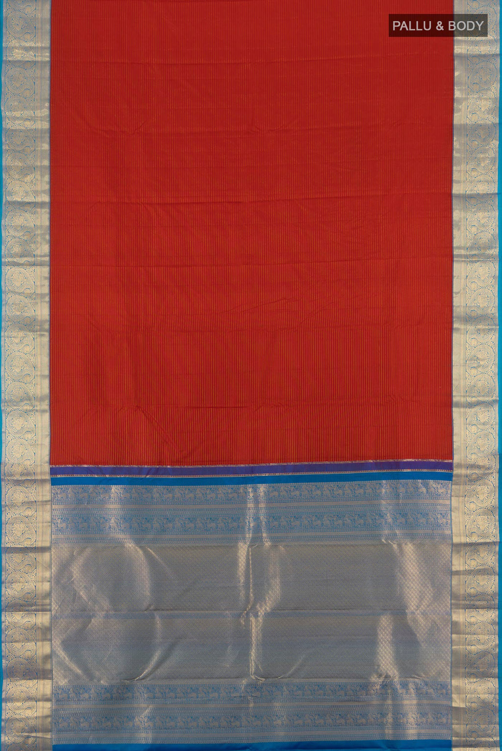 Flat view of Maroon Kanchipuram Silk Saree with Stripes on the body and Zari Border. 