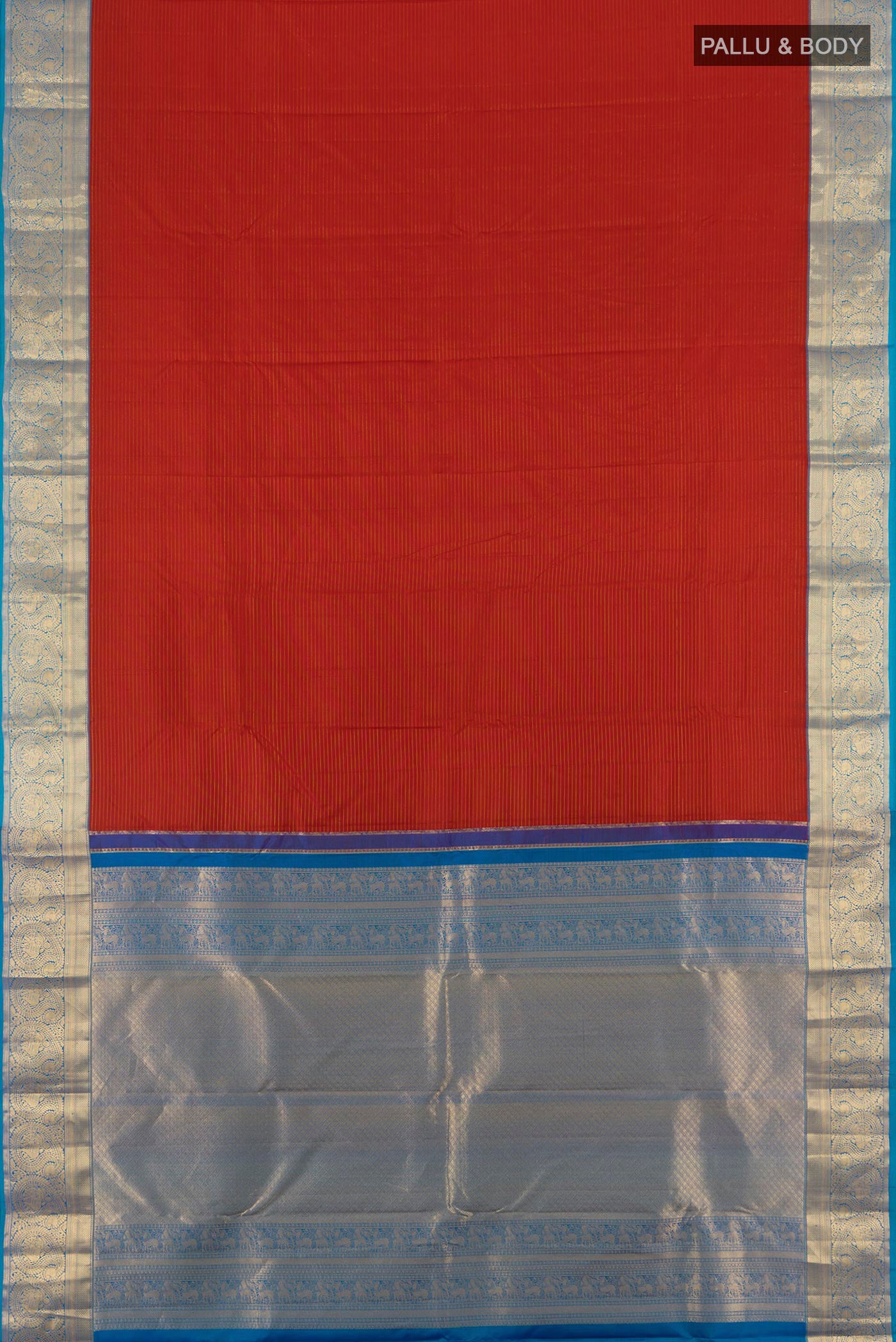 Flat view of Maroon Kanchipuram Silk Saree with Stripes on the body and Zari Border. 