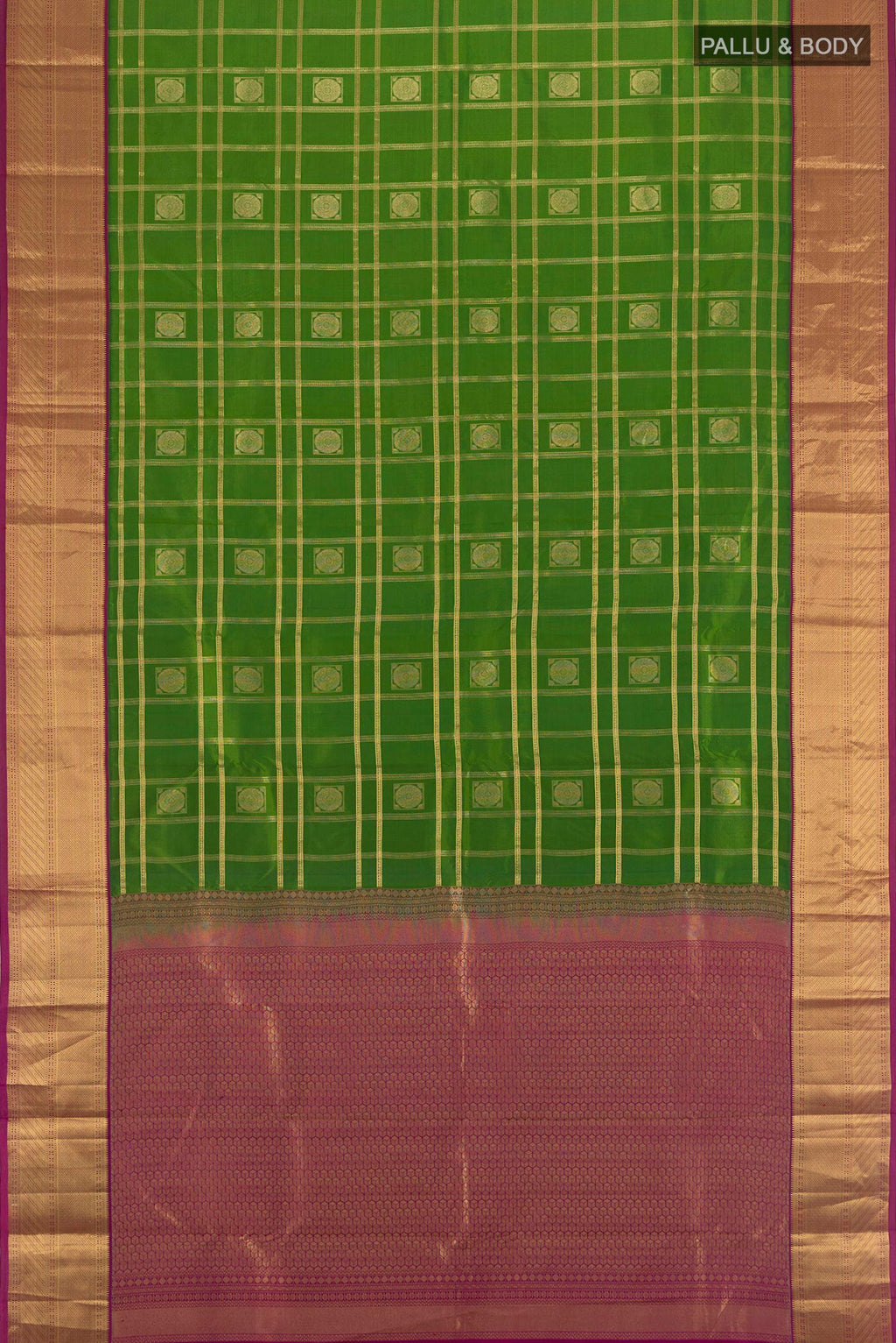 Flat view of Green Kanchipuram Silk Saree with Checked design on the body and Zari Border. 