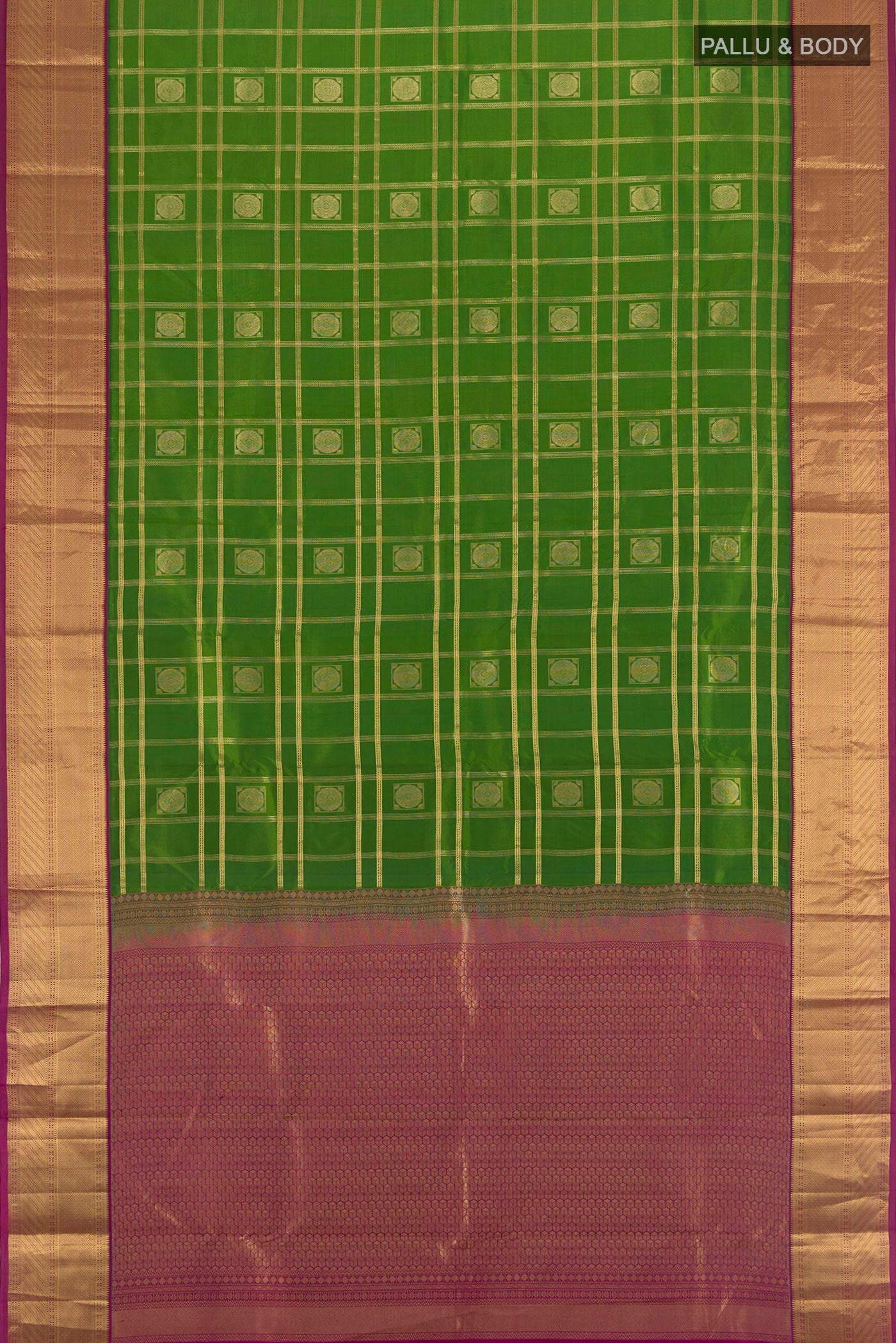 Flat view of Green Kanchipuram Silk Saree with Checked design on the body and Zari Border. 