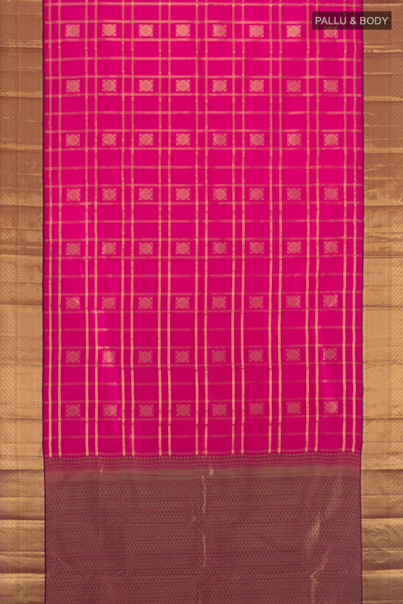 Flat view of Pink Kanchipuram Silk Saree with Checked design on the body and Zari Border. 