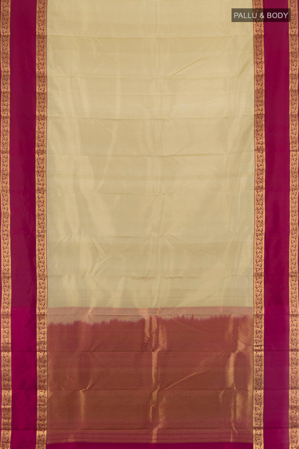 Flat view of Pure Silk Beige Kanchipuram Saree with Plain Body and Zari Border. 