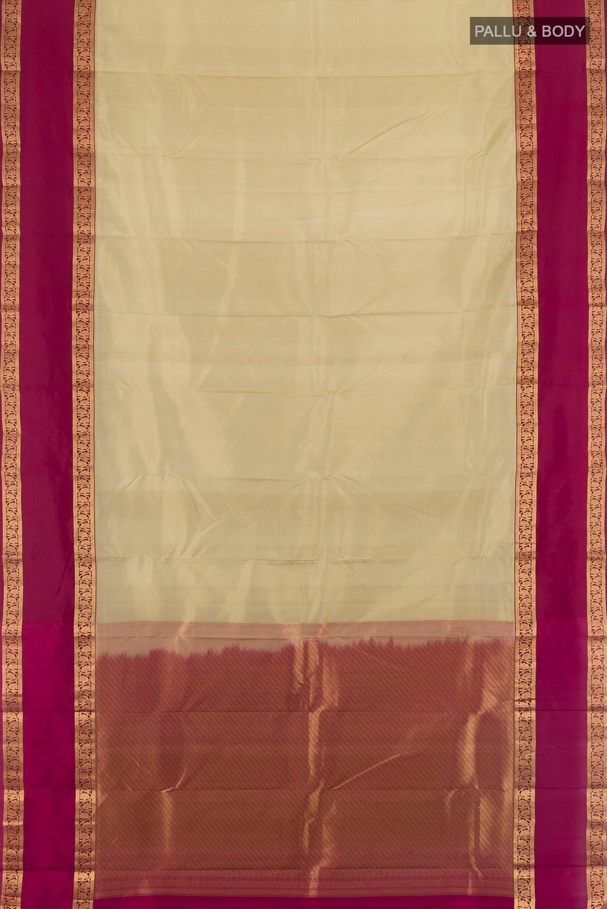 Flat view of Pure Silk Beige Kanchipuram Saree with Plain Body and Zari Border. 