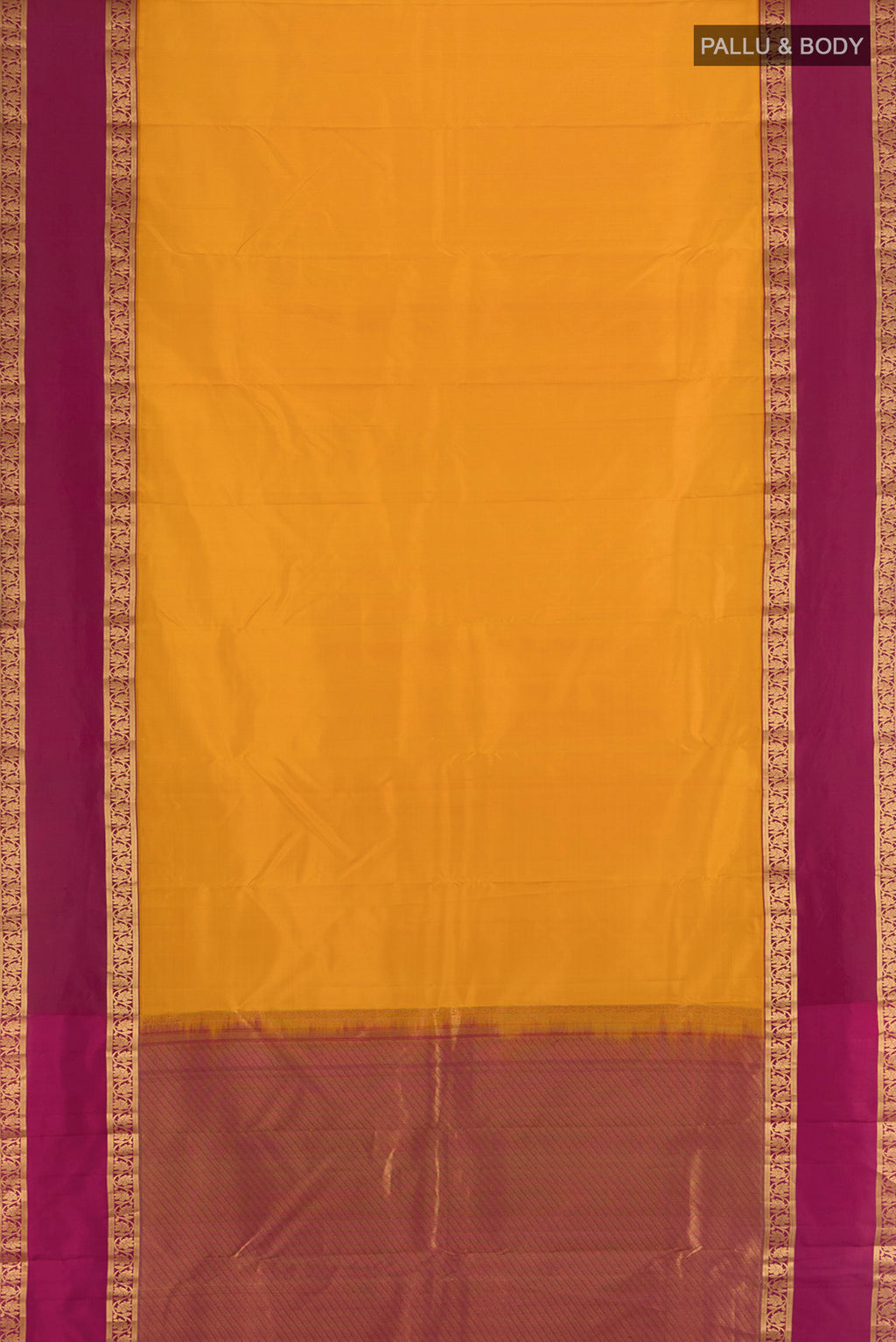 Flat view of Mustard Kanchipuram Silk Saree with Zari Butta on the body and Silk Border. 