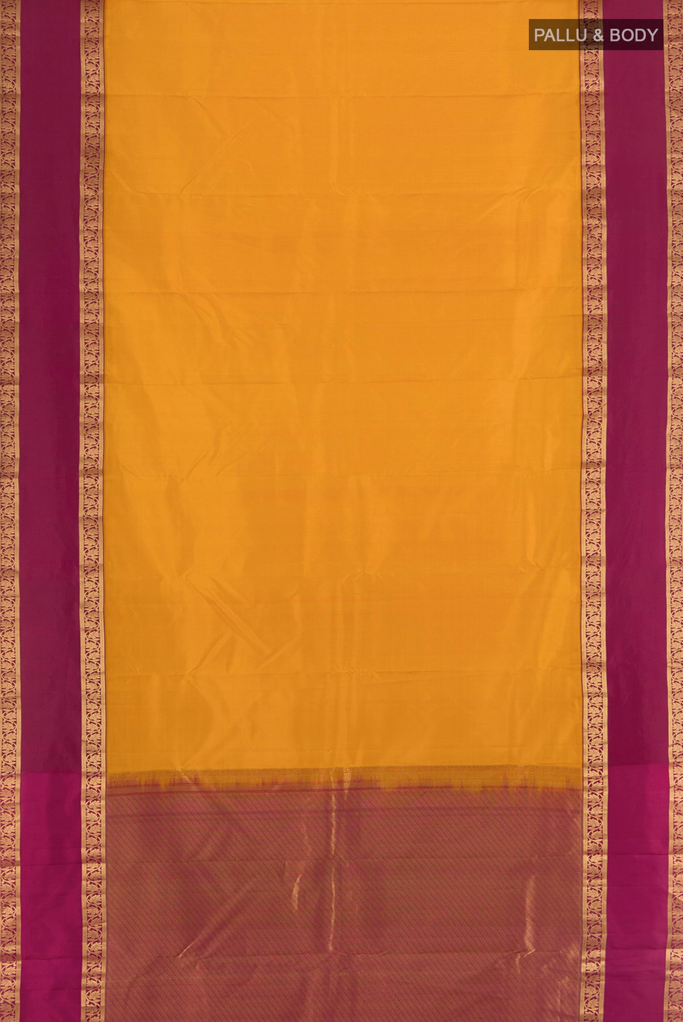 Flat view of Mustard Kanchipuram Silk Saree with Zari Butta on the body and Silk Border. 