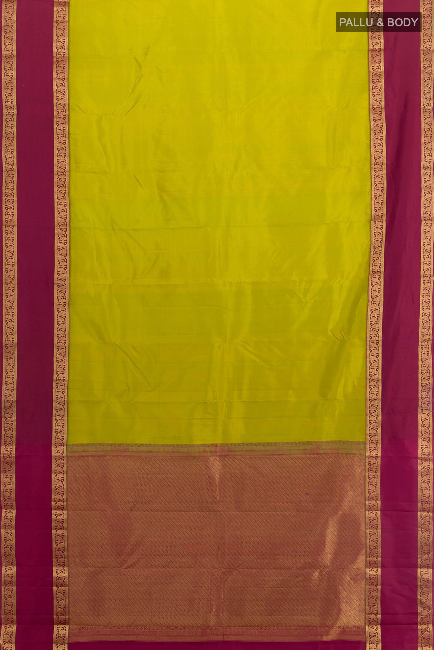 Flat view of Parrot Green Kanchipuram Silk Saree with Plain Body and Zari Border. 