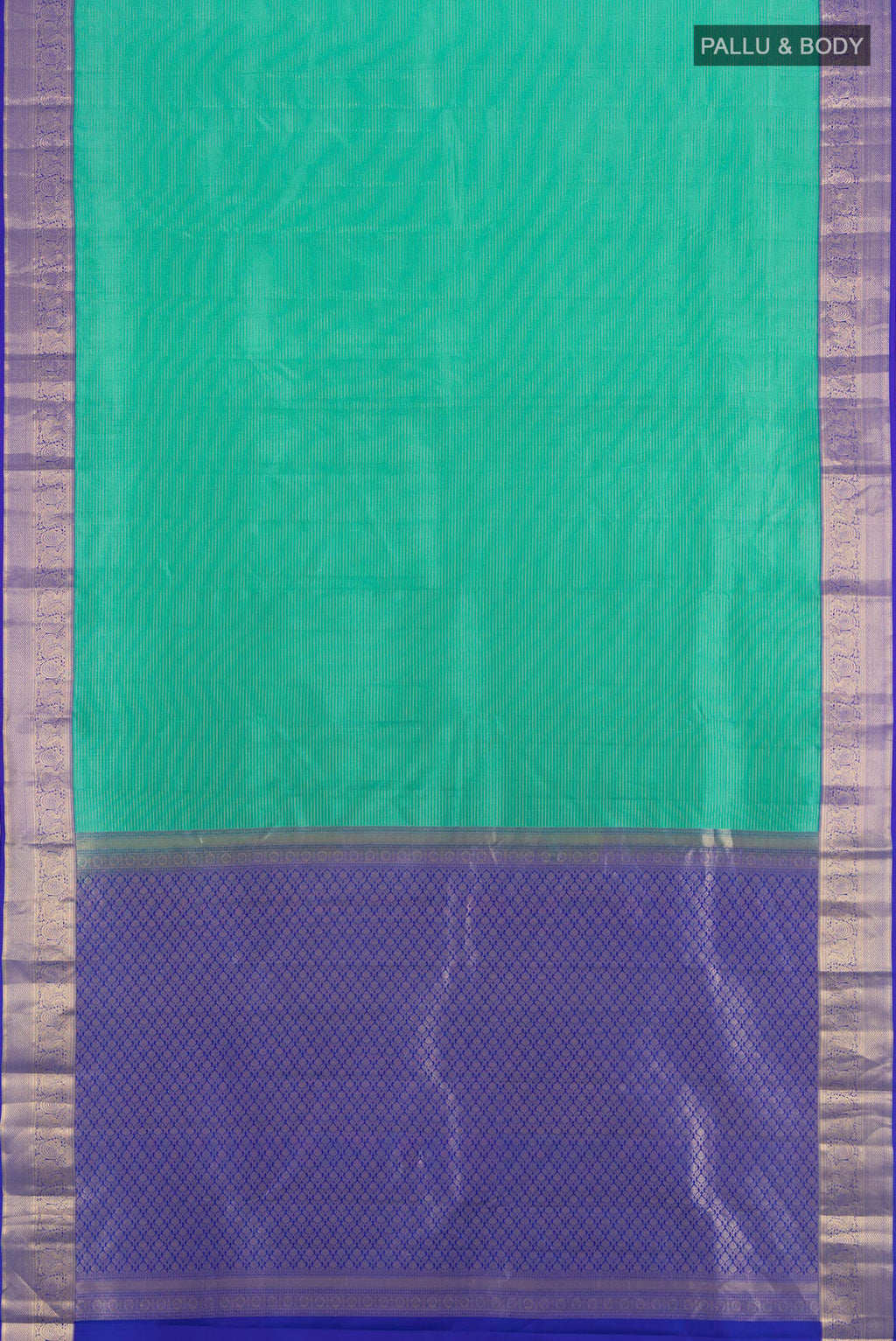 Flat view of Turquoise Kanchipuram Silk Saree with Zari Butta on the body and Zari Border. 