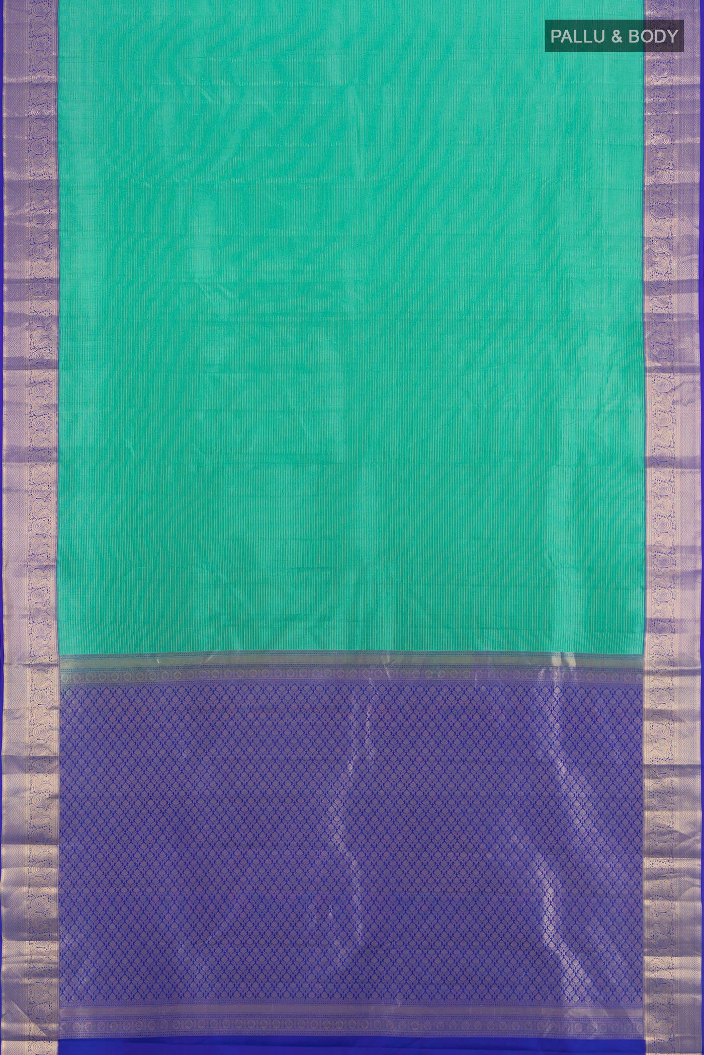 Flat view of Turquoise Kanchipuram Silk Saree with Zari Butta on the body and Zari Border. 