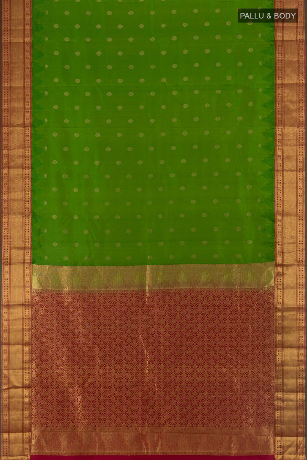 Flat view of Green Kanchipuram Silk Saree with Zari Butta on the body and Zari Border. 