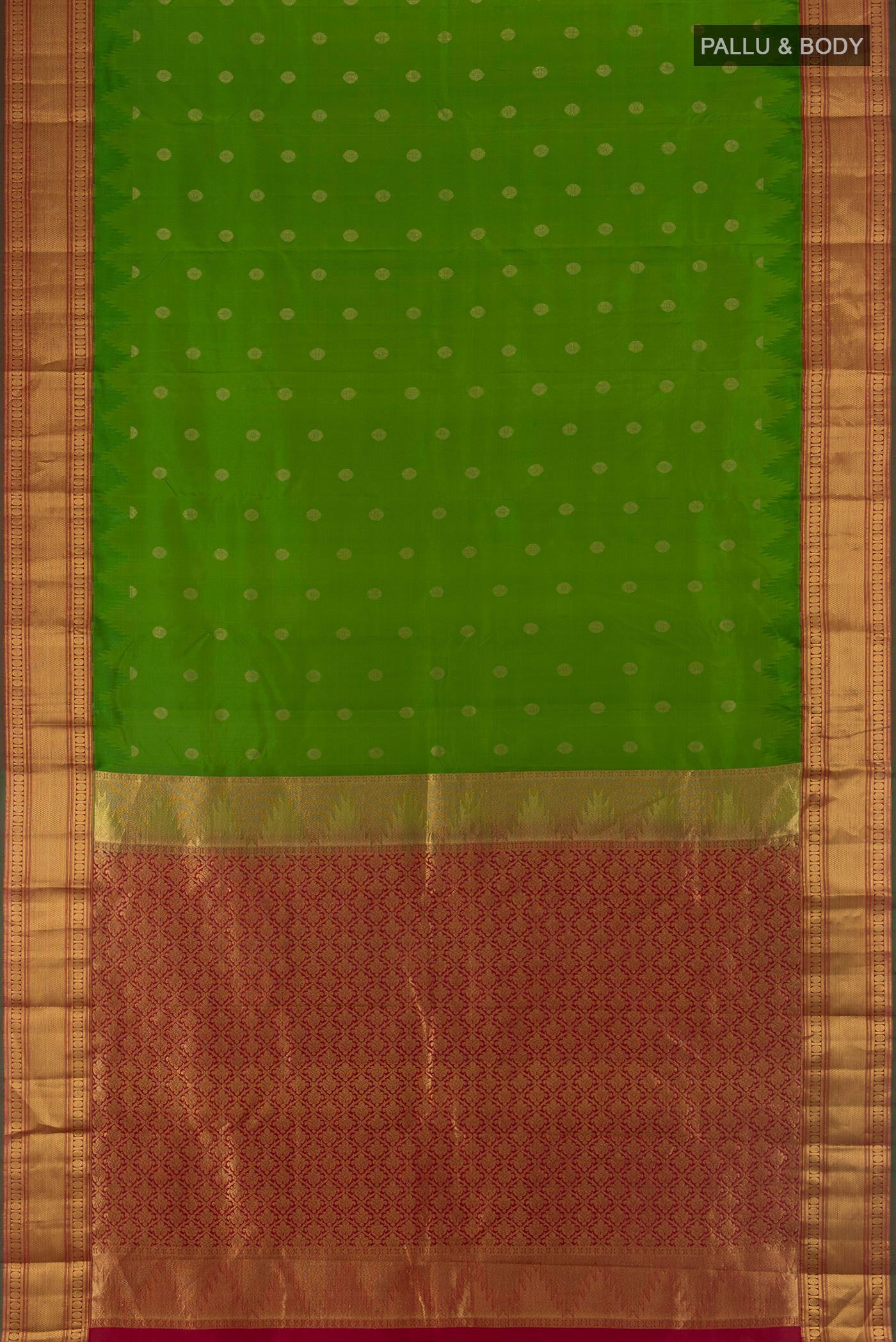 Flat view of Green Kanchipuram Silk Saree with Zari Butta on the body and Zari Border. 