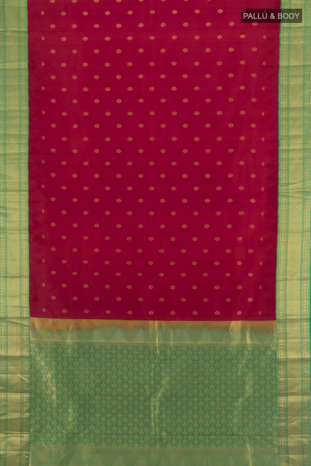 Flat view of Maroon Kanchipuram Silk Saree with Zari Butta on the body and Zari Border. 