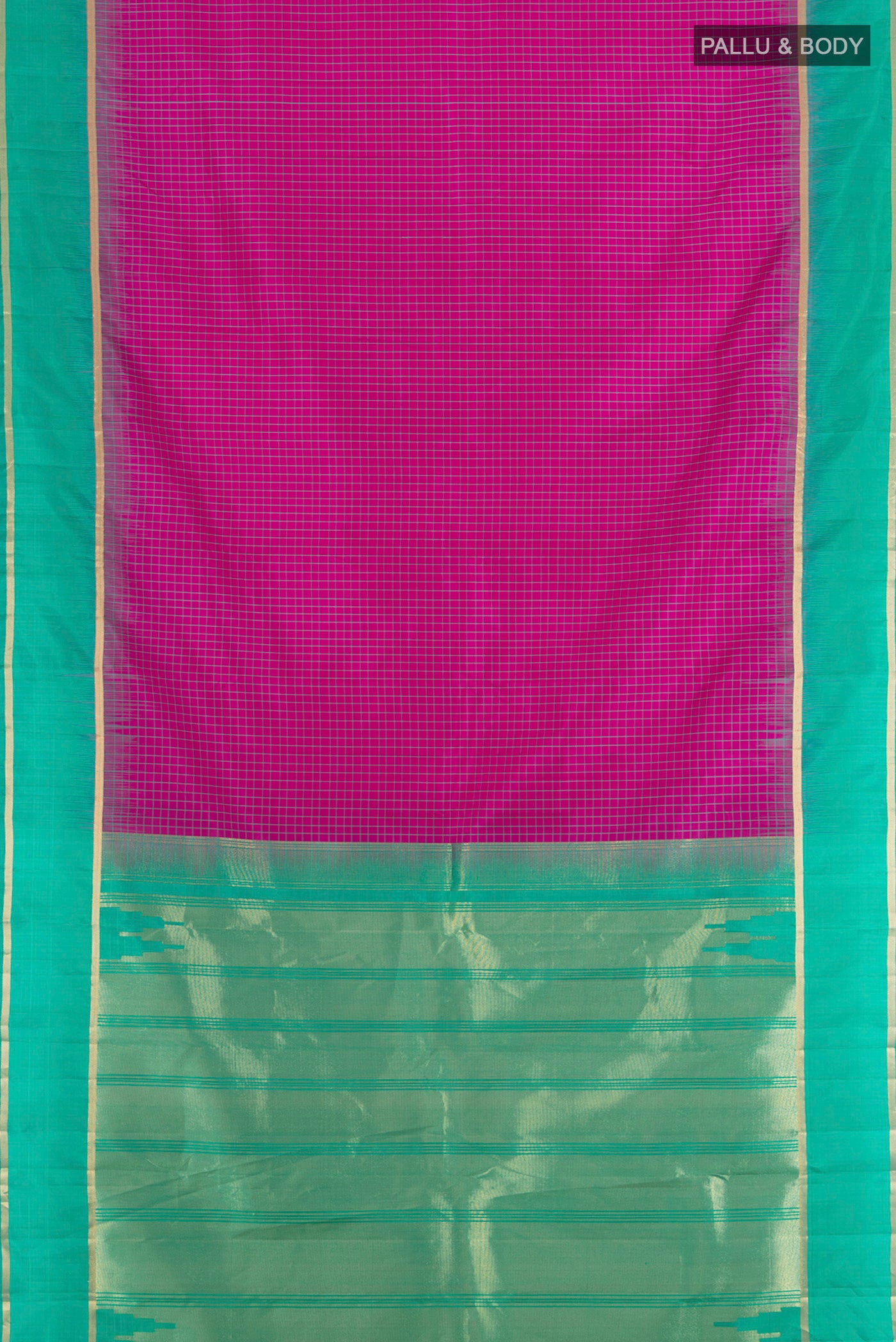Flat view of Rani Pink Kanchipuram Silk Saree with Checked design on the body and Silk Border. 