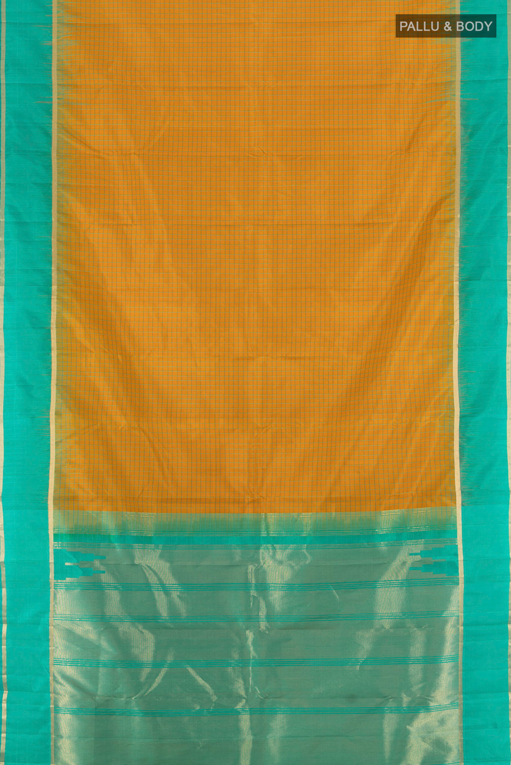 Flat view of Mustard Kanchipuram Silk Saree with Checked design on the body and Zari Border. 