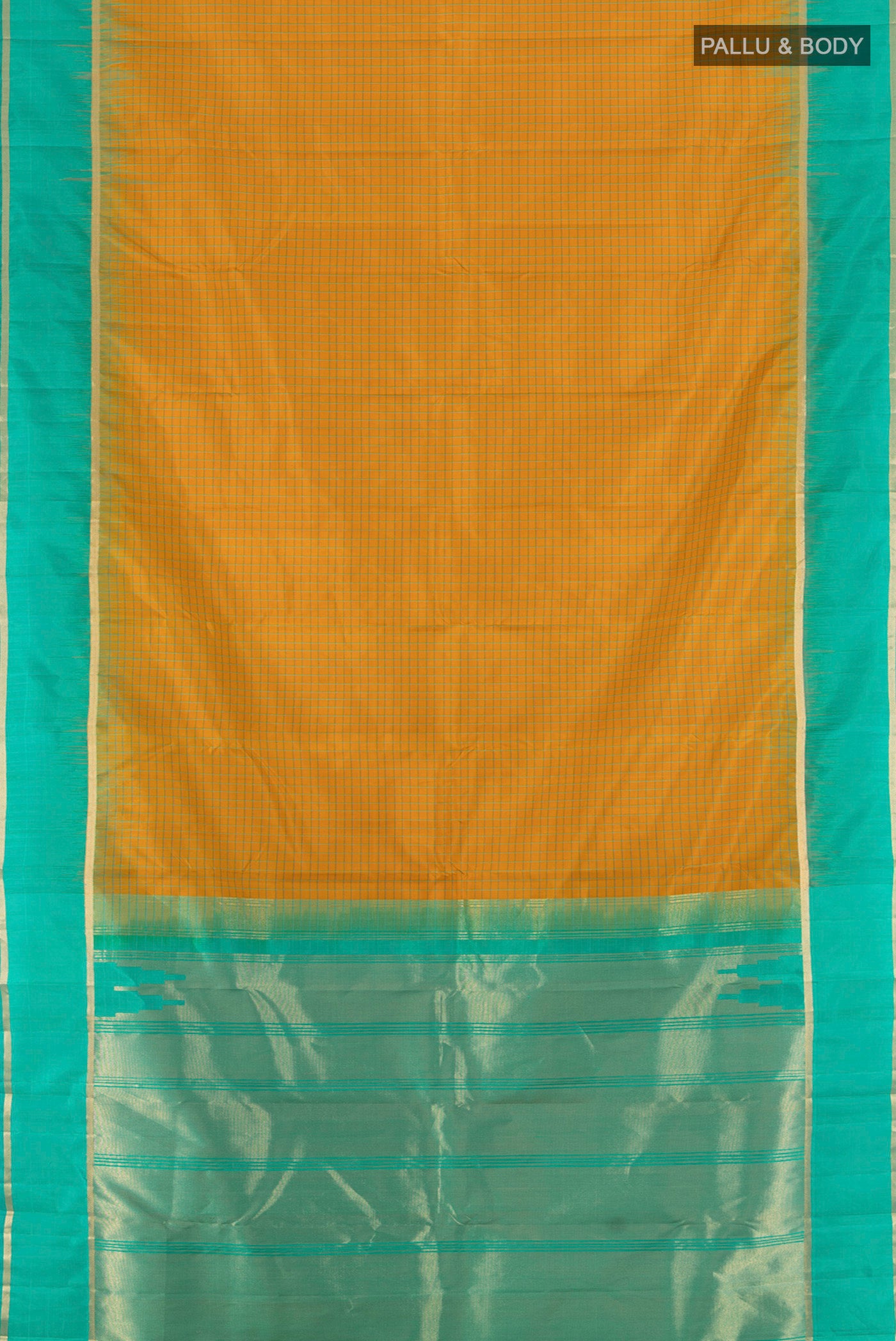 Flat view of Mustard Kanchipuram Silk Saree with Checked design on the body and Zari Border. 