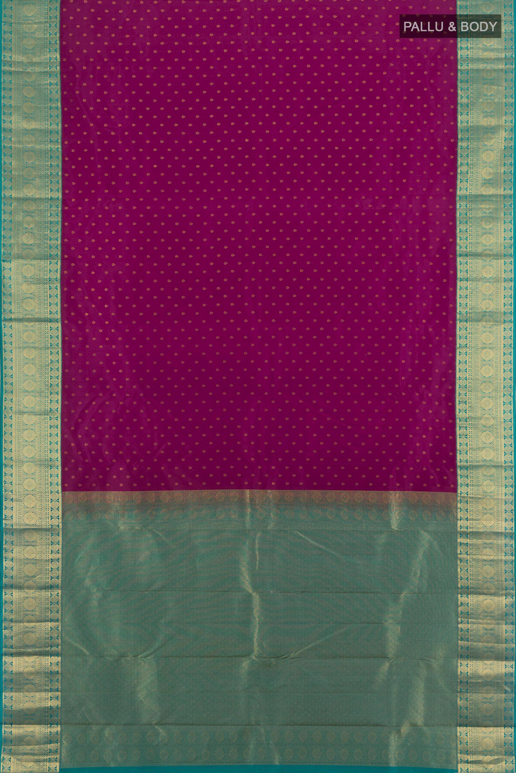 Flat view of Purple Kanchipuram Silk Saree with Zari Butta on the body and Zari Border. 