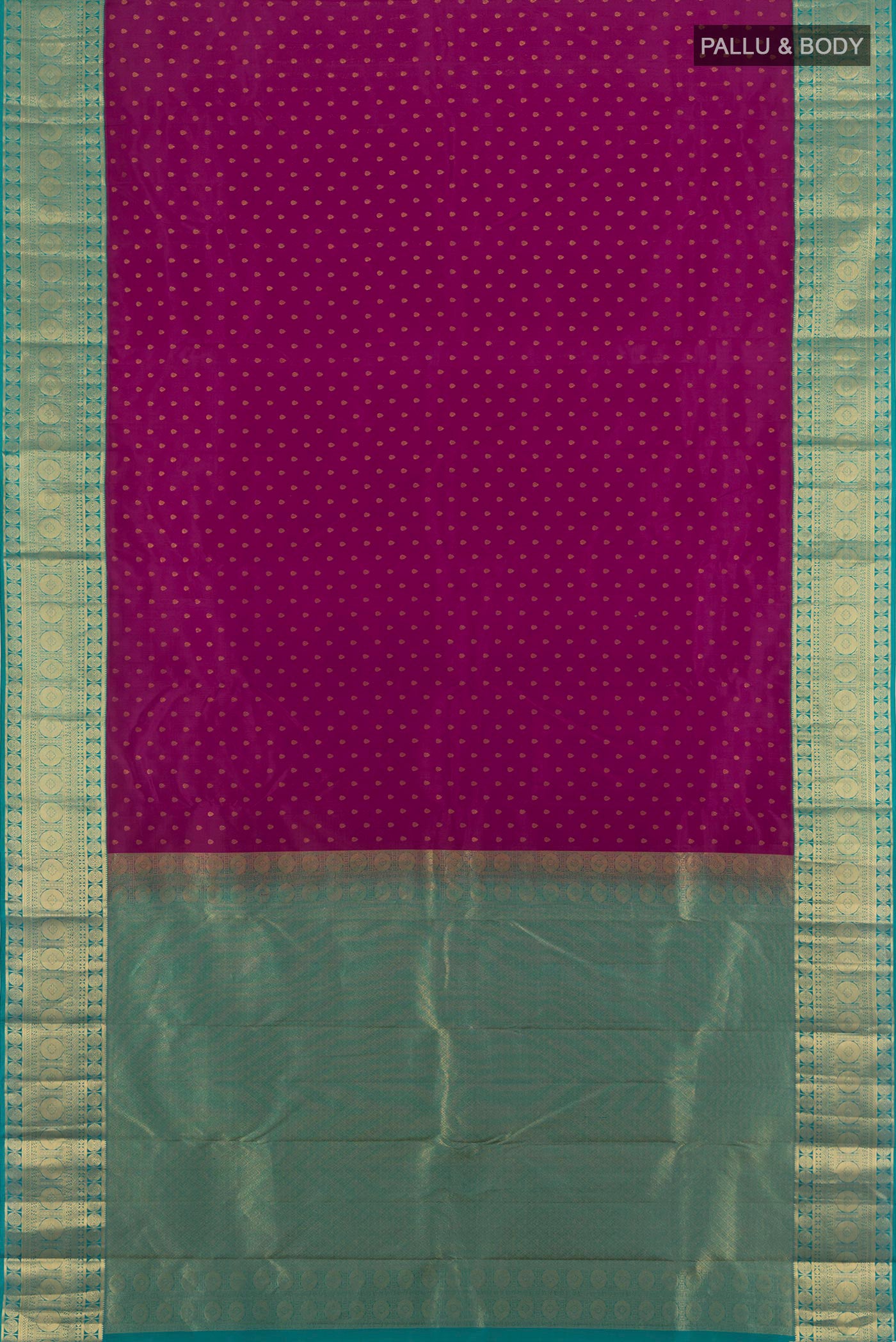 Flat view of Purple Kanchipuram Silk Saree with Zari Butta on the body and Zari Border. 