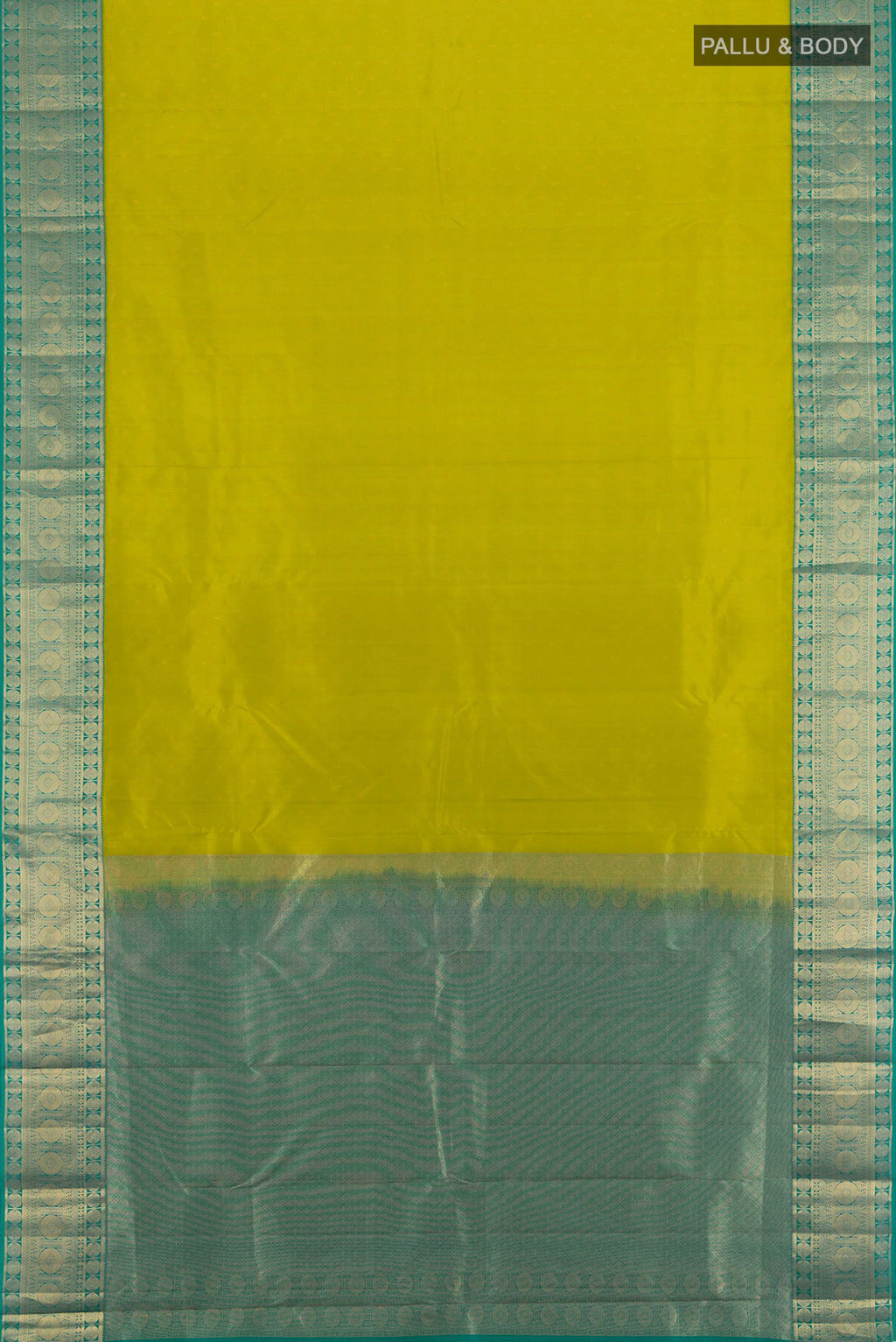 Flat view of Parrot Green Kanchipuram Silk Saree with Zari Butta on the body and Zari Border. 