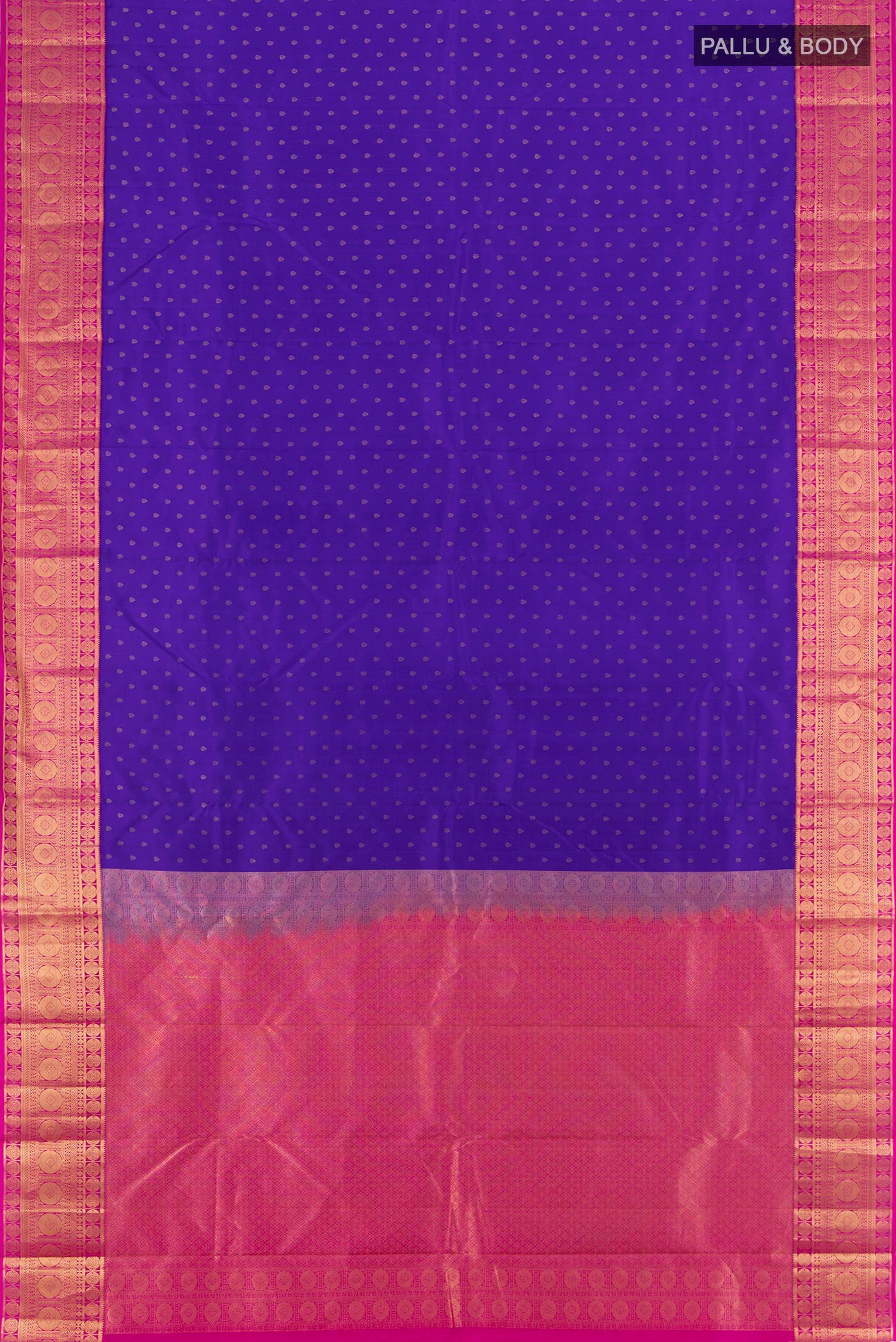 Flat view of Royal Blue Kanchipuram Silk Saree with Zari Butta on the body and Zari Border. 