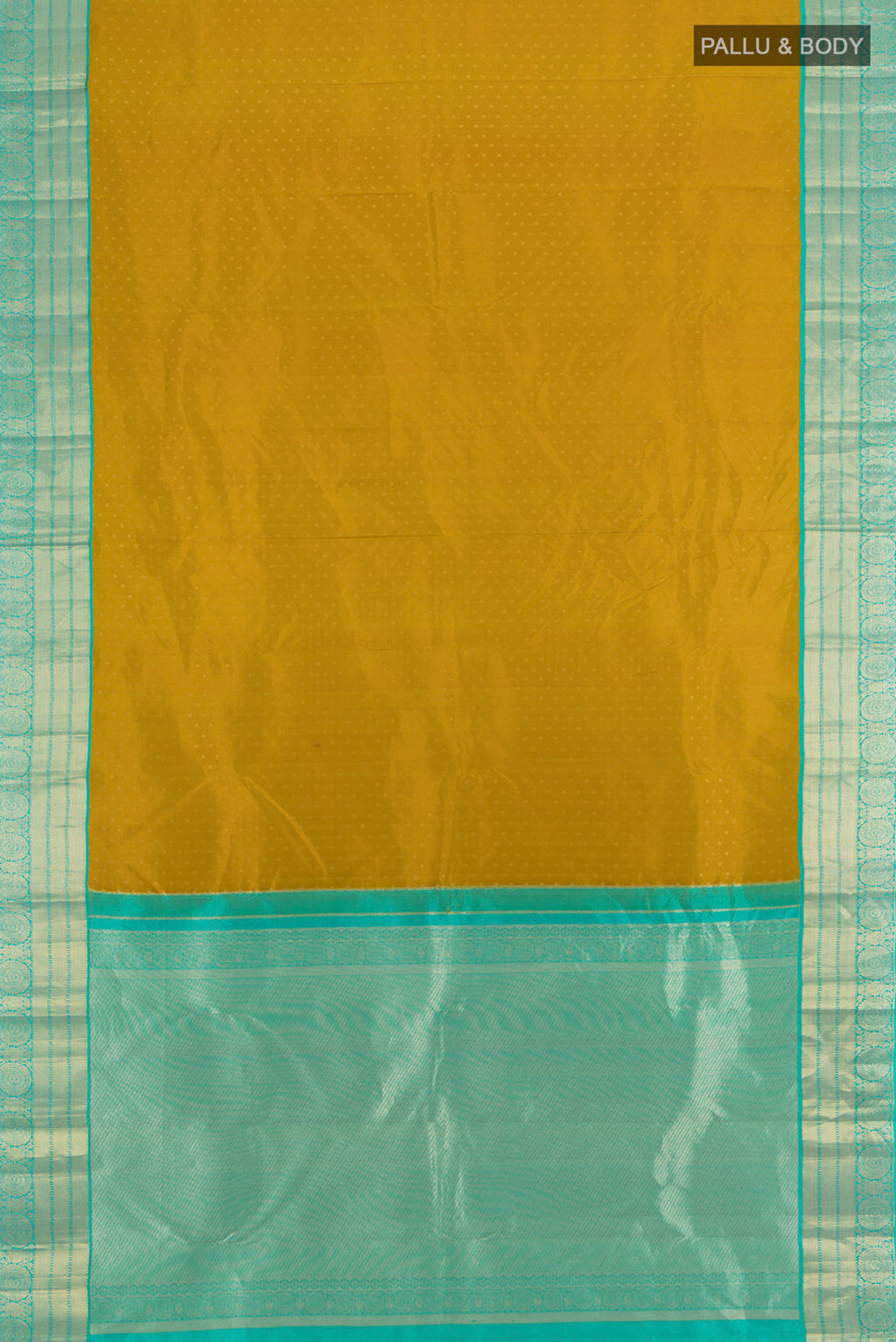 Flat view of Mehandi Green Kanchipuram Silk Saree with Zari Butta on the body and Silk Border. 