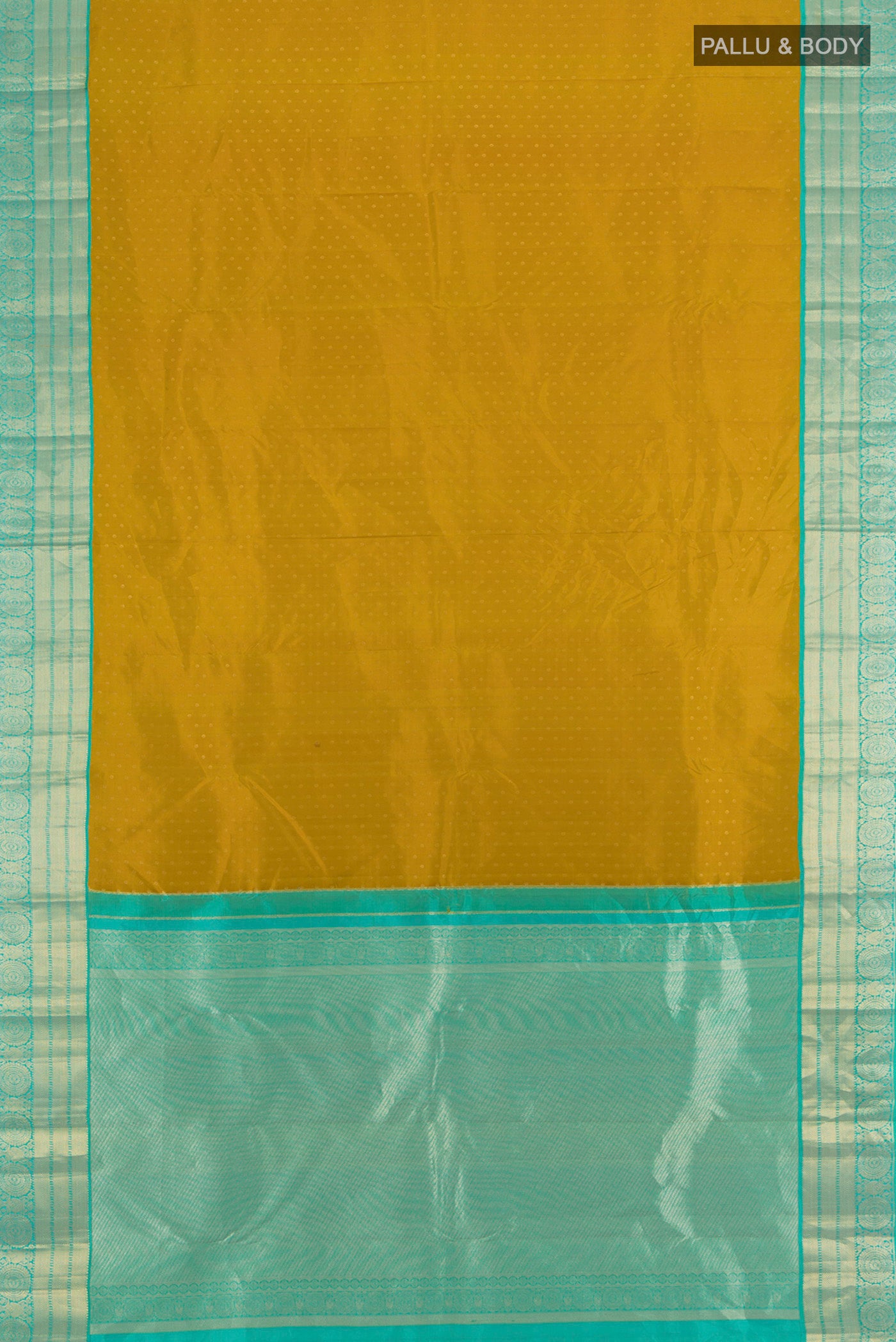 Flat view of Mehandi Green Kanchipuram Silk Saree with Zari Butta on the body and Silk Border. 