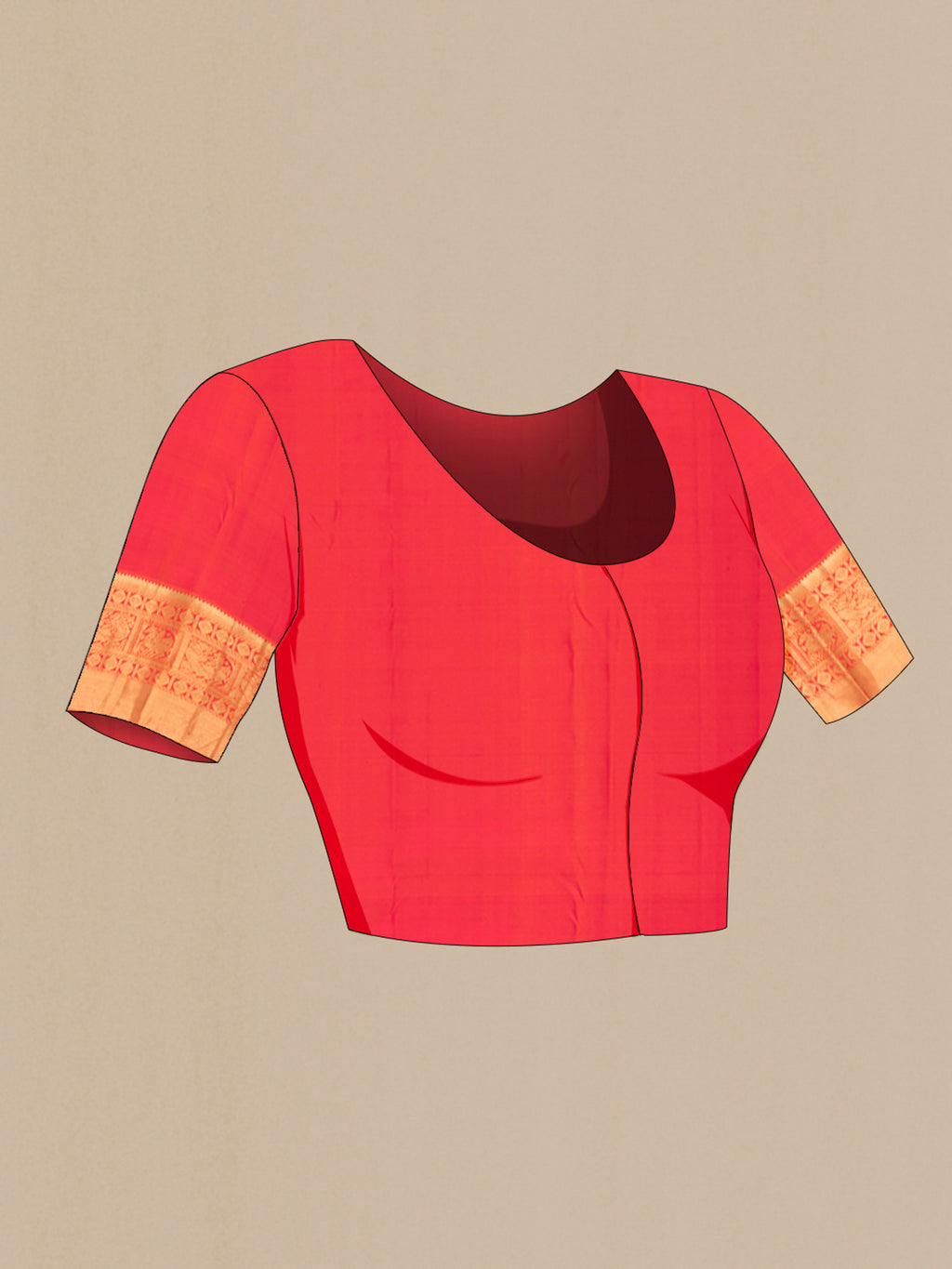 Close up image of the blouse of Beige Kanjivaram Silk Saree with Zari Butta on the body and Zari Border. 