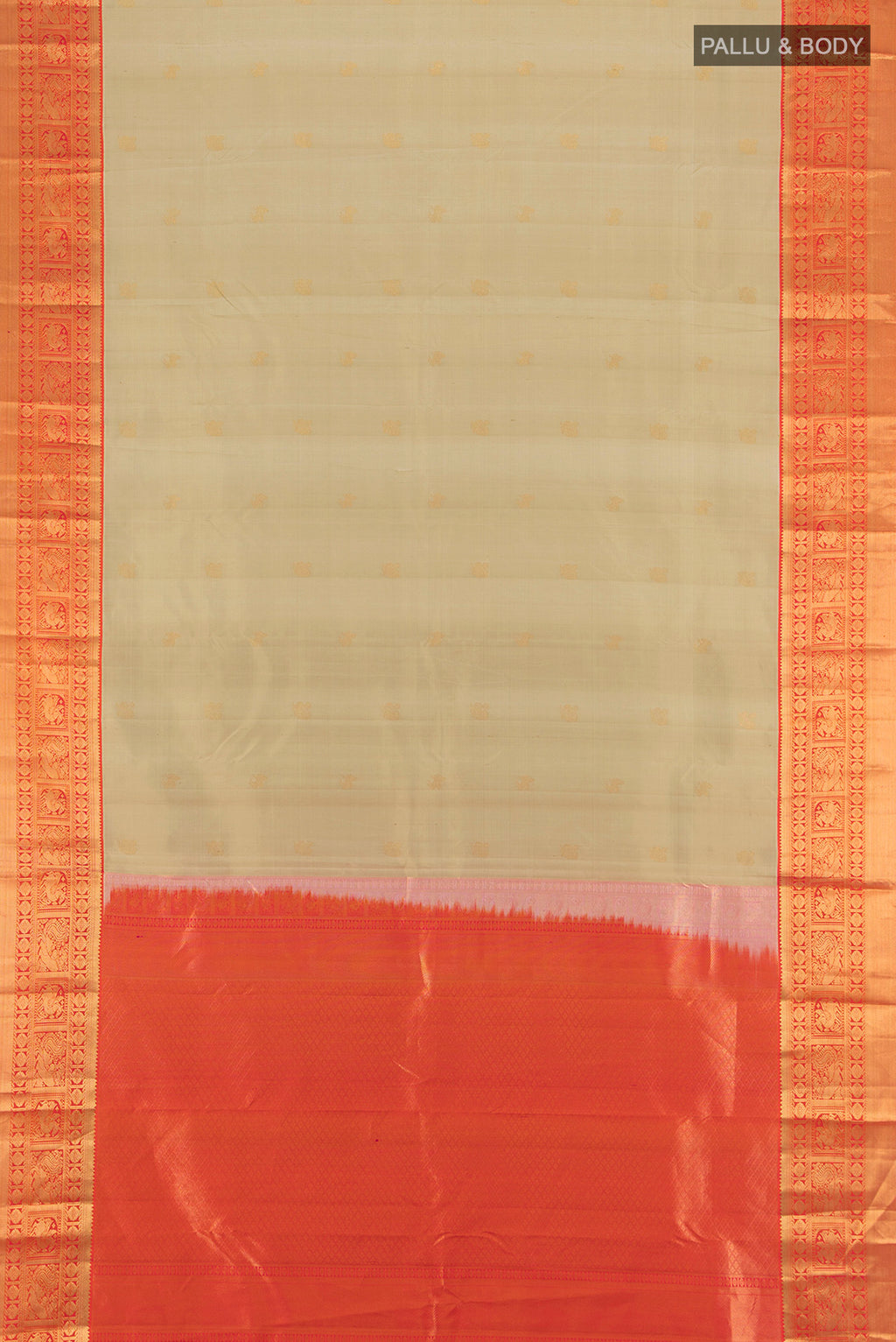 Flat view of Beige Kanjivaram Silk Saree with Zari Butta on the body and Zari Border. 