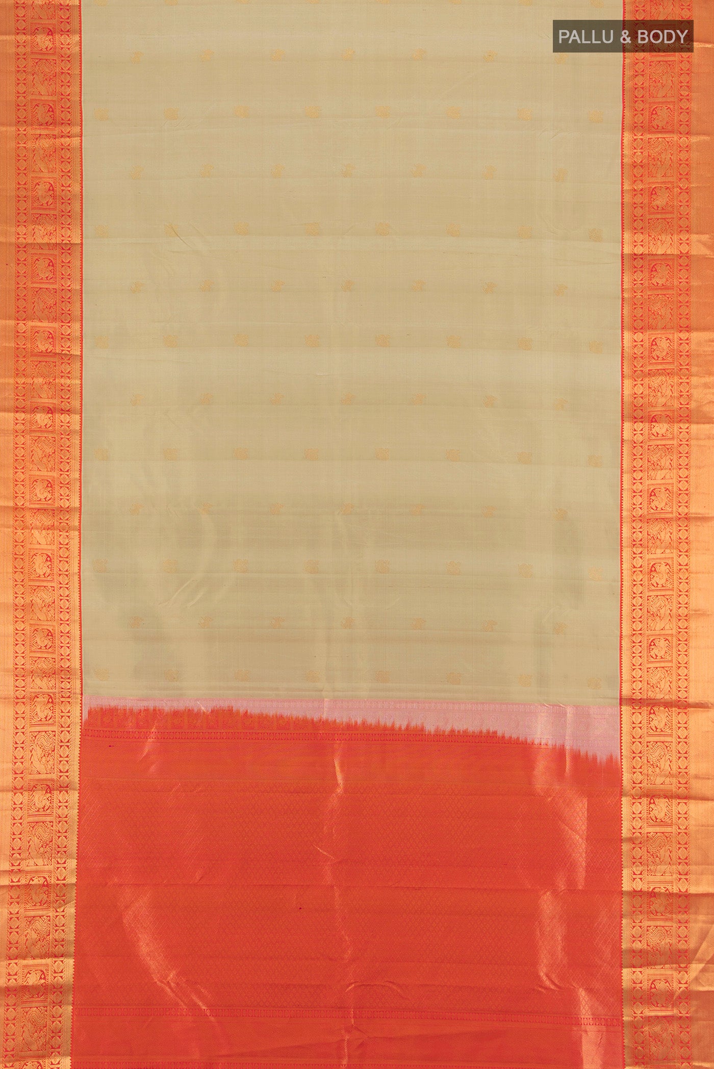 Flat view of Beige Kanjivaram Silk Saree with Zari Butta on the body and Zari Border. 