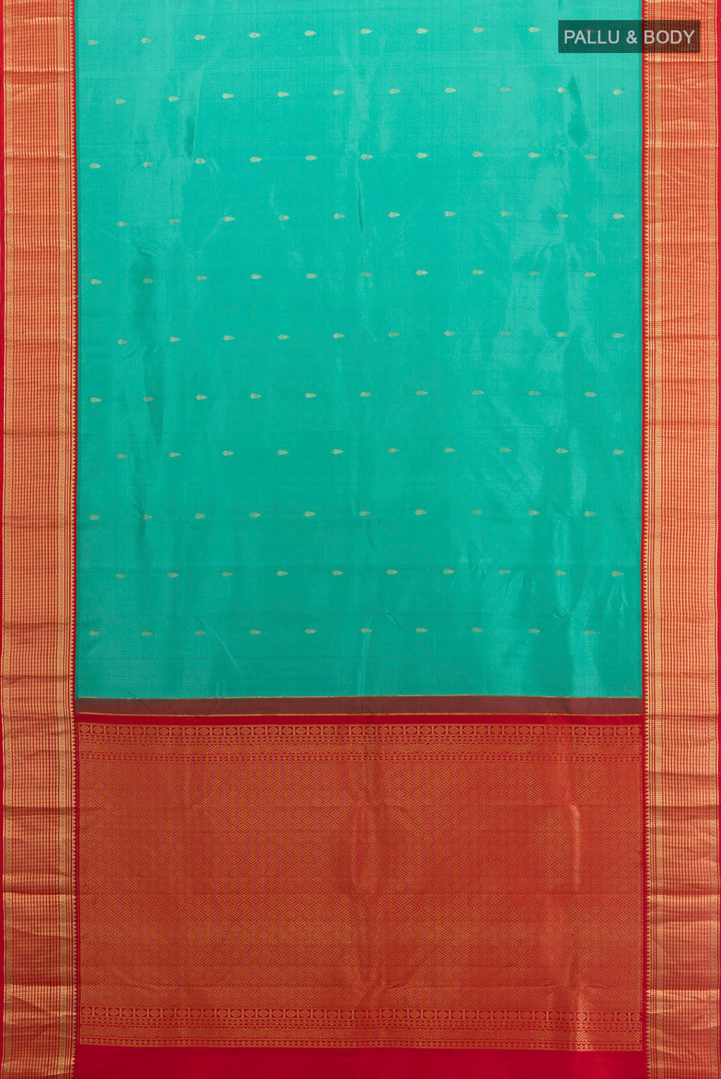 Flat view of Turquoise Kanchipuram Silk Saree with Zari Butta on the body and Zari Border. 