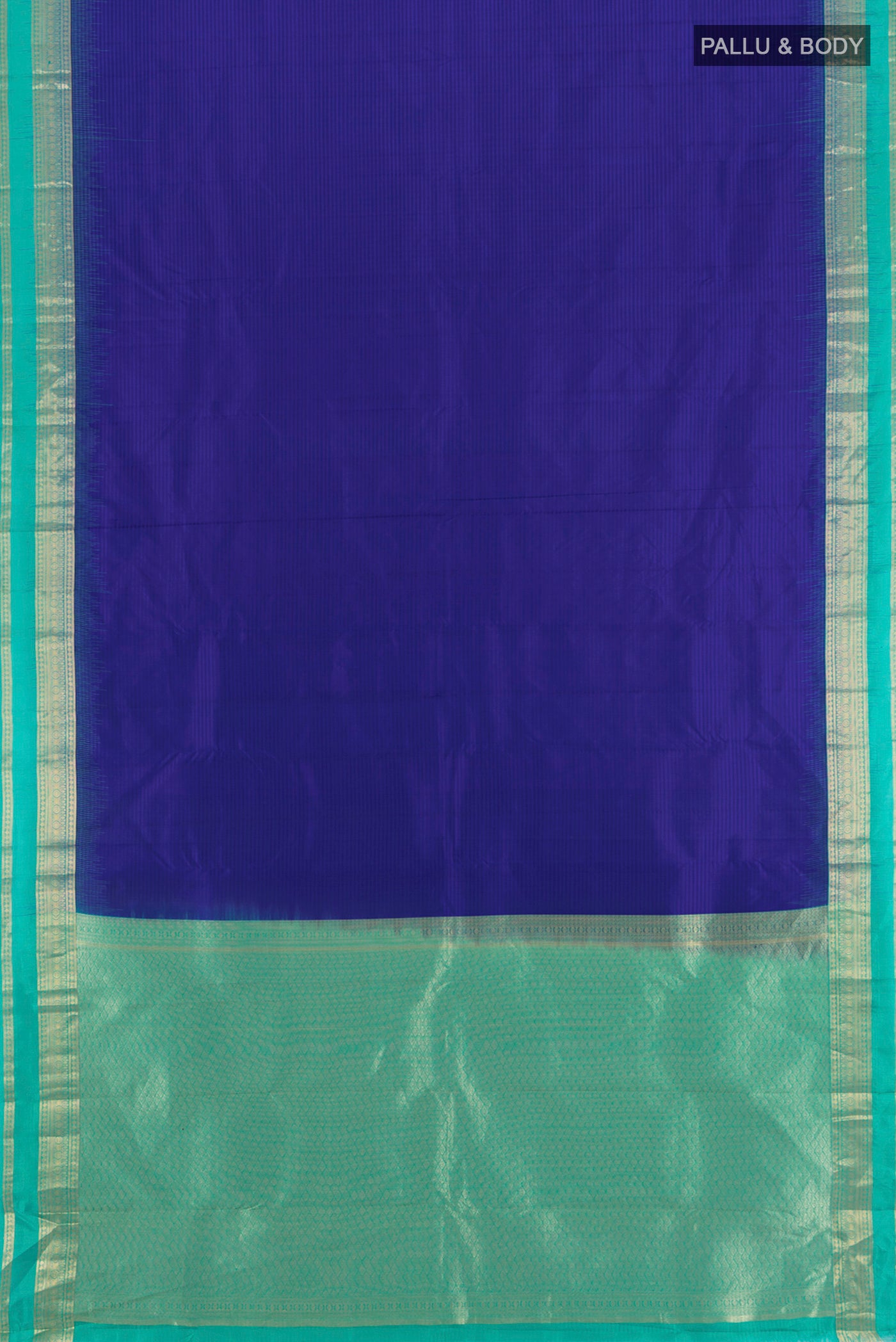 Flat view of Dark Blue Kanchipuram Silk Saree with Stripes on the body and Zari Border. 