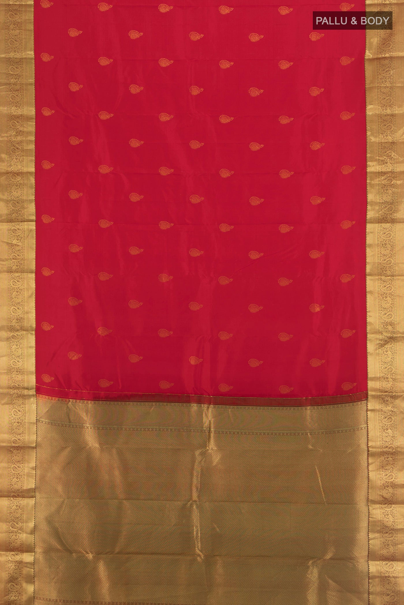 Flat view of Red Kanchipuram Silk Saree with Zari Butta on the body and Zari Border. 