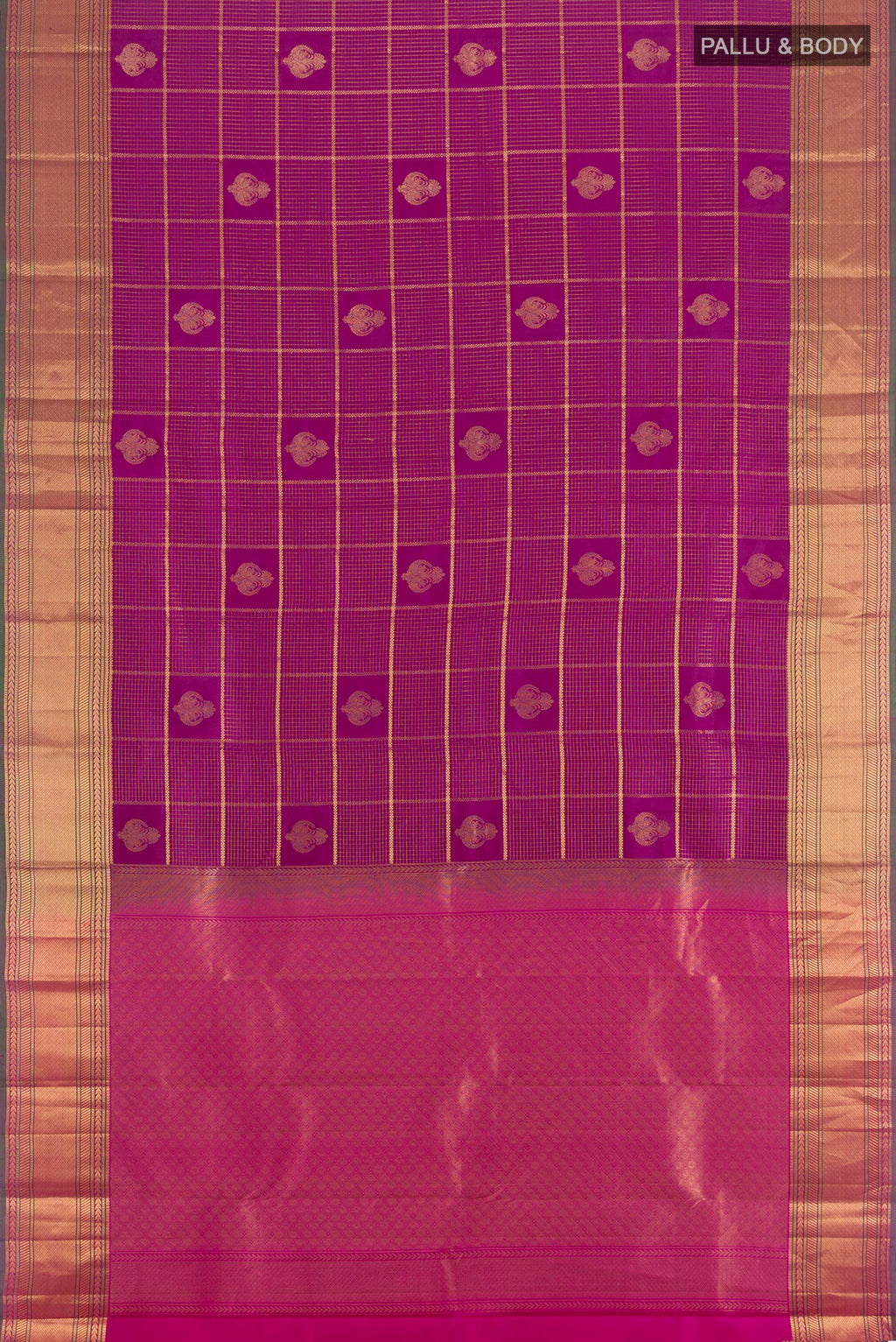 Flat view of Purple Kanchipuram Silk Saree with Zari Butta on the body and Zari Border. 