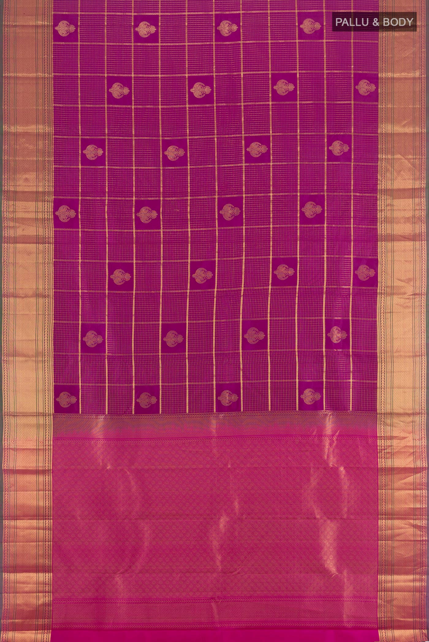 Flat view of Purple Kanchipuram Silk Saree with Zari Butta on the body and Zari Border. 