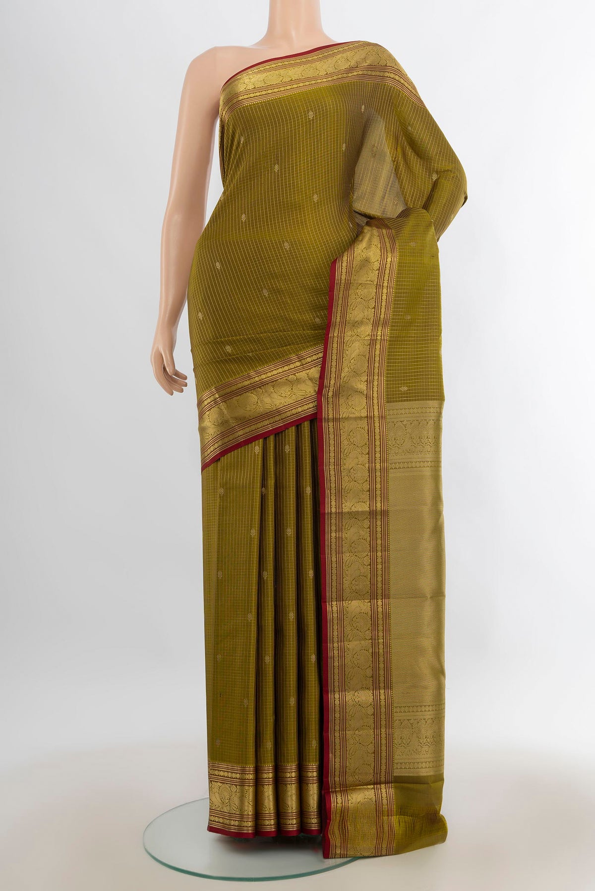 Pure Silk Mehandi Green Kanchipuram Saree with Stripes on the body and Zari Border.  displayed on a mannequin