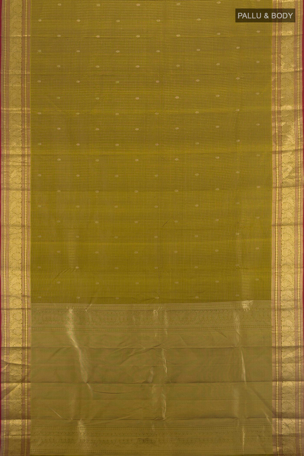 Flat view of Pure Silk Mehandi Green Kanchipuram Saree with Stripes on the body and Zari Border. 