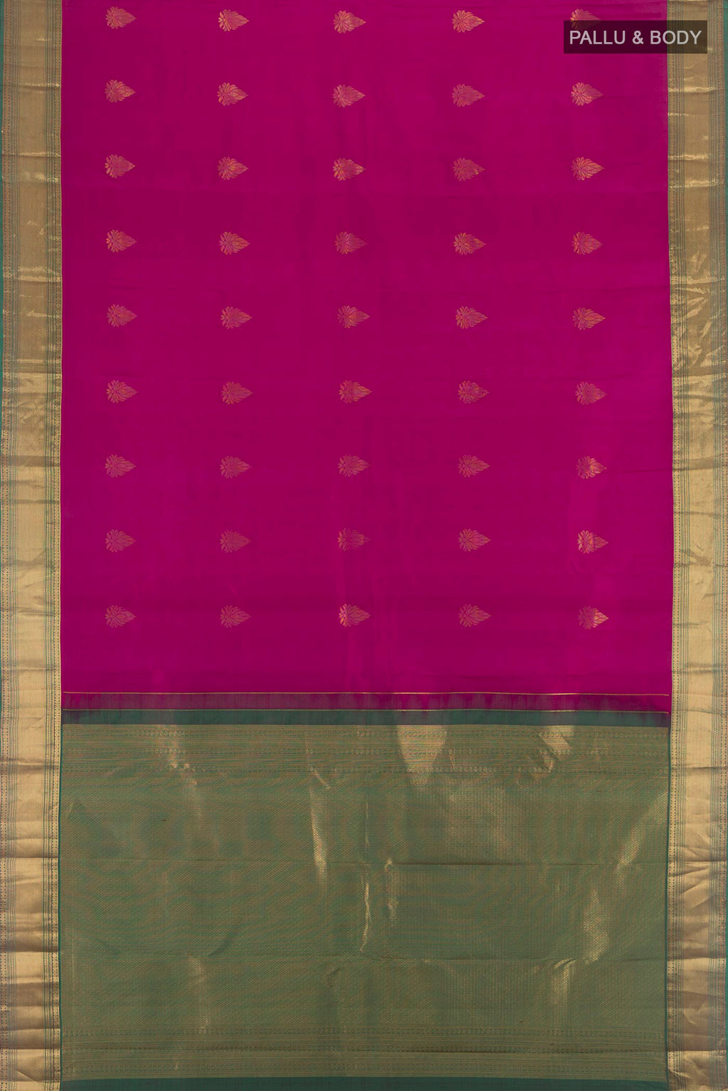 Flat view of Magenta Kanchipuram Silk Saree with Zari Butta on the body and Zari Border. 