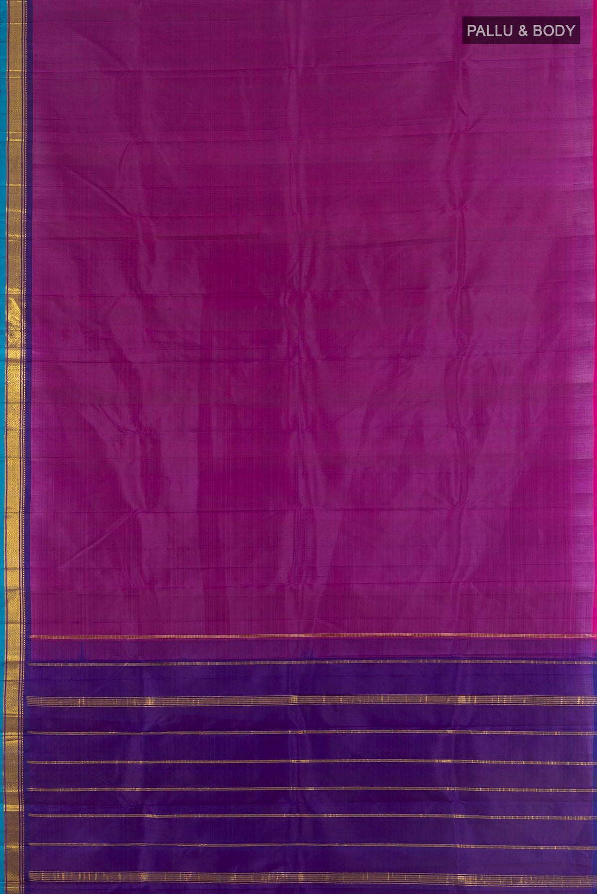 Flat view of Pure Silk Purple Kanjivaram Saree with Zari Butta on the body and Silk Border. 