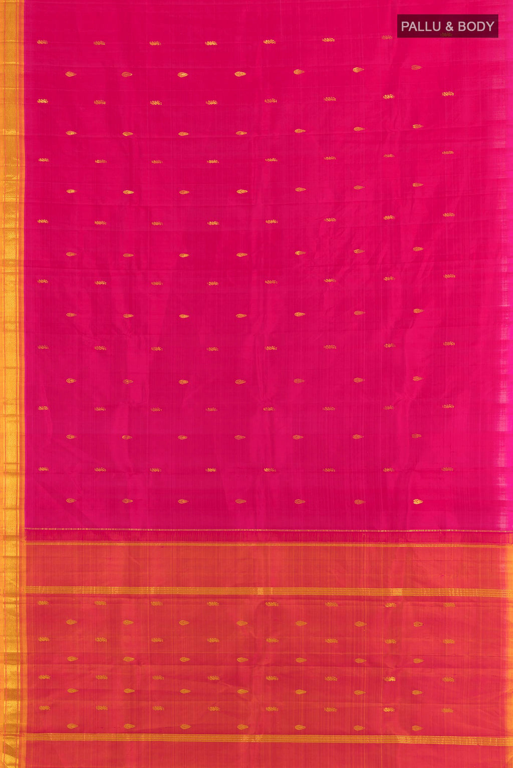 Flat view of Pink Kanjivaram Silk Saree with Zari Butta on the body and One Side Border. 