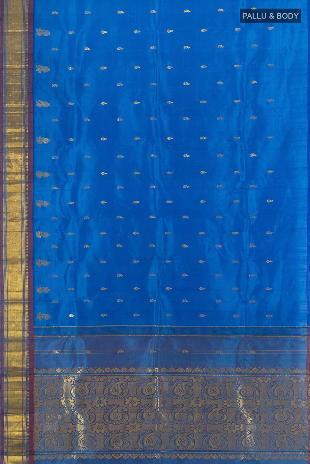 Flat view of Royal Blue Kanchipuram Silk Saree with Zari Butta on the body and One Side Border. 